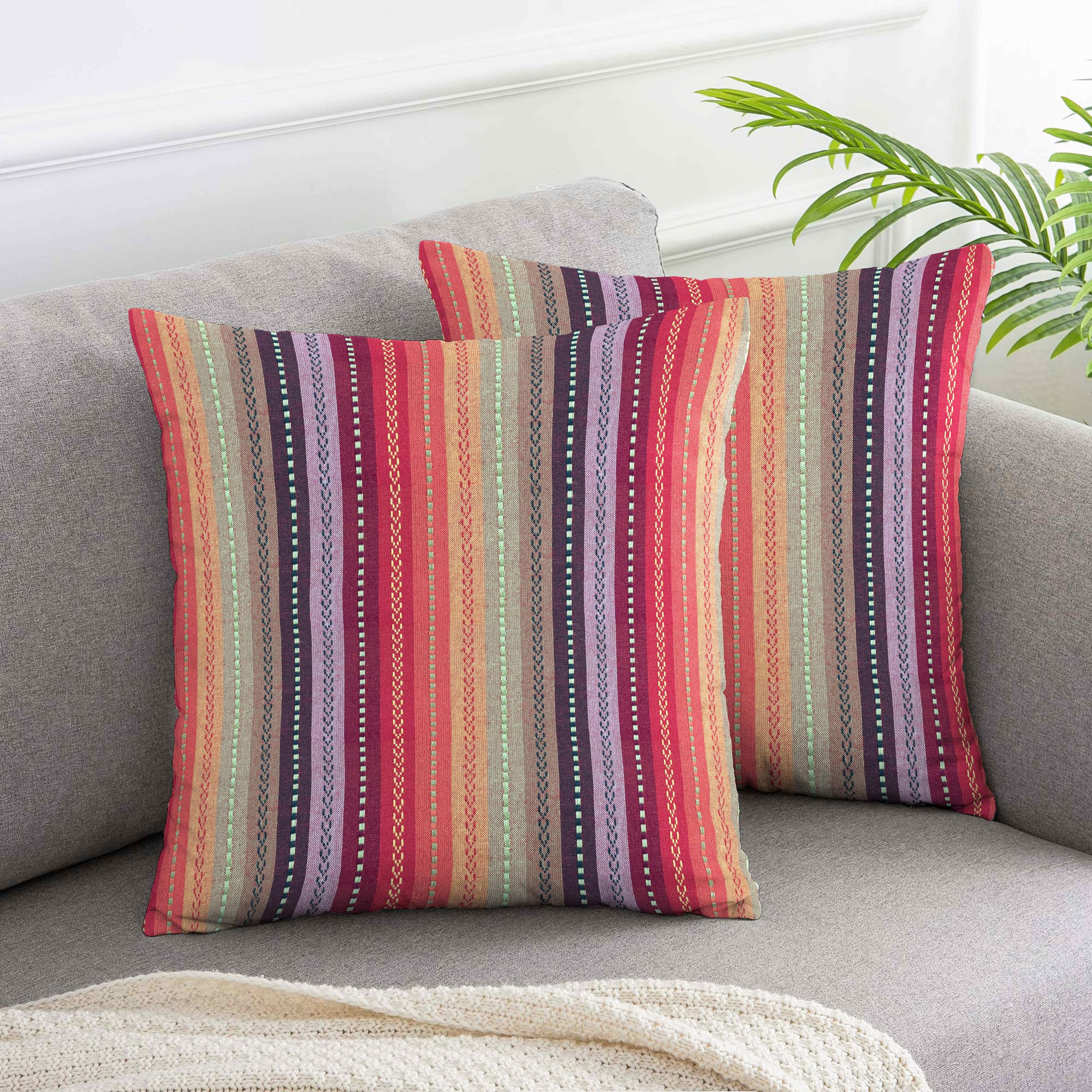 Amazon Brand - Umi Cotton Salsa Stripe Cushion Cover Set of 2 22x22 inch Red/Rust Multicolour Large Square Throw Pillow Covers for Sofa Bed Room Living Room or Home Decor-image-5