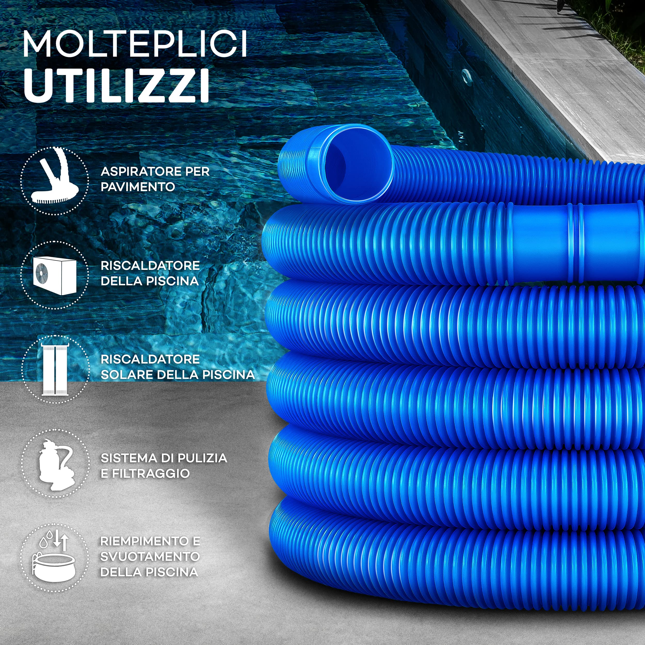 Tubo Per Piscina 3m, Diametro 38mm (6/4") - Blu, Separabile In Pezzi Da 1,5m, In PE, Resistente UV