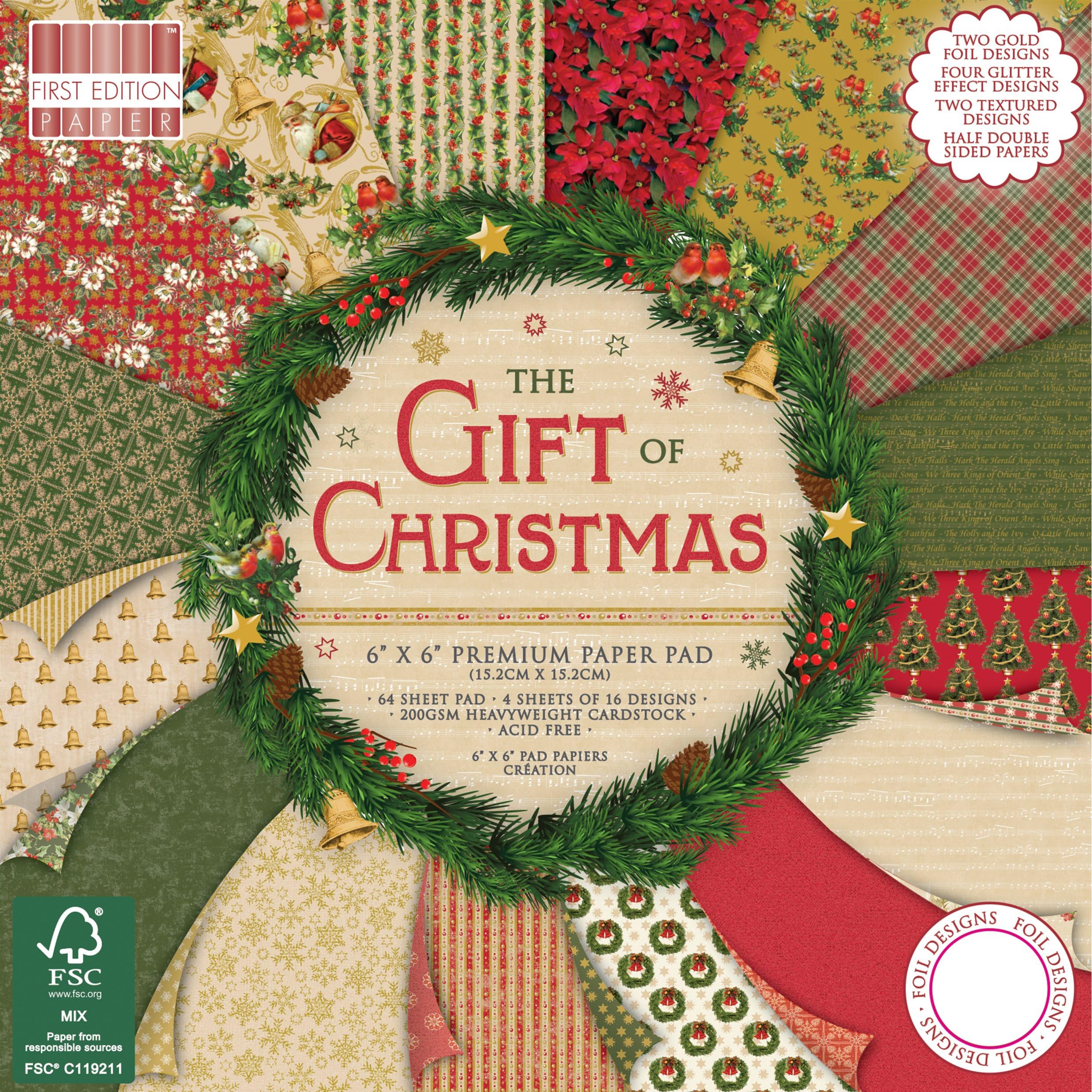 First Edition The Gift of Christmas Premium Paper 6" x 6" / 15.2 x 15.2 cm, (64 Sheet Pad, 200gsm Heavyweight Cardstock, Acid & Lignin Free, Soy Inks, FSC), 6x6