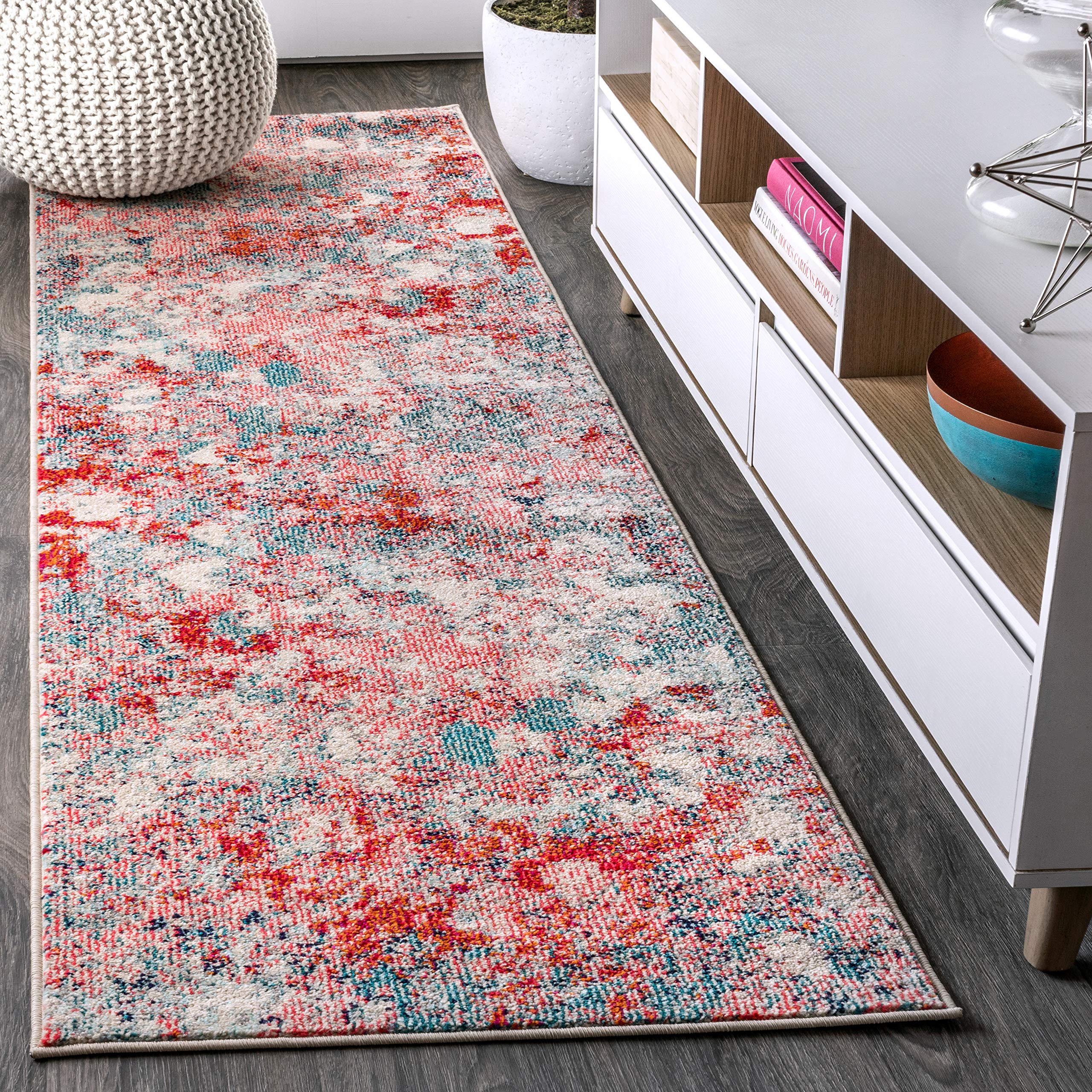 JONATHAN Y Modern Abstract Blue/Red Runner Rug, 2x8, Contemporary POP, Transitional, Easy-Cleaning for Living Room, Bedroom, Kitchen, Pet Friendly,