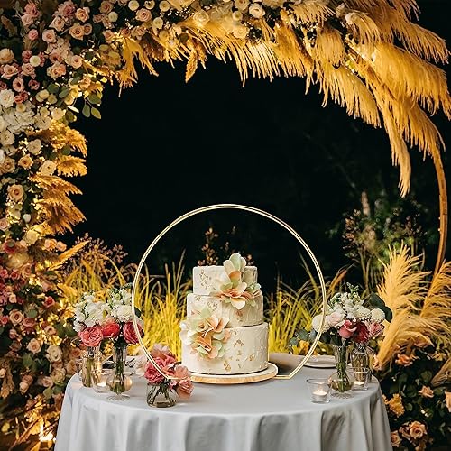 Miniatura 5 de Sntieecr Soporte de metal dorado de 20 pulgadas para tartas con soporte de madera, arco de mesa dorado con aro floral de metal para mesa, soporte de