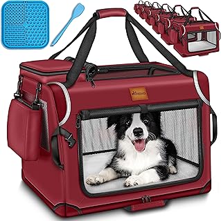 TRESKO Foldable Dog Box with Lick Mat, Spatula and Reflectors M 61 x 42 x 42 cm Transport Box for Dogs and Cats Dog Transport Box Car for Small and Large Dogs Dog Bag Robust Red product image