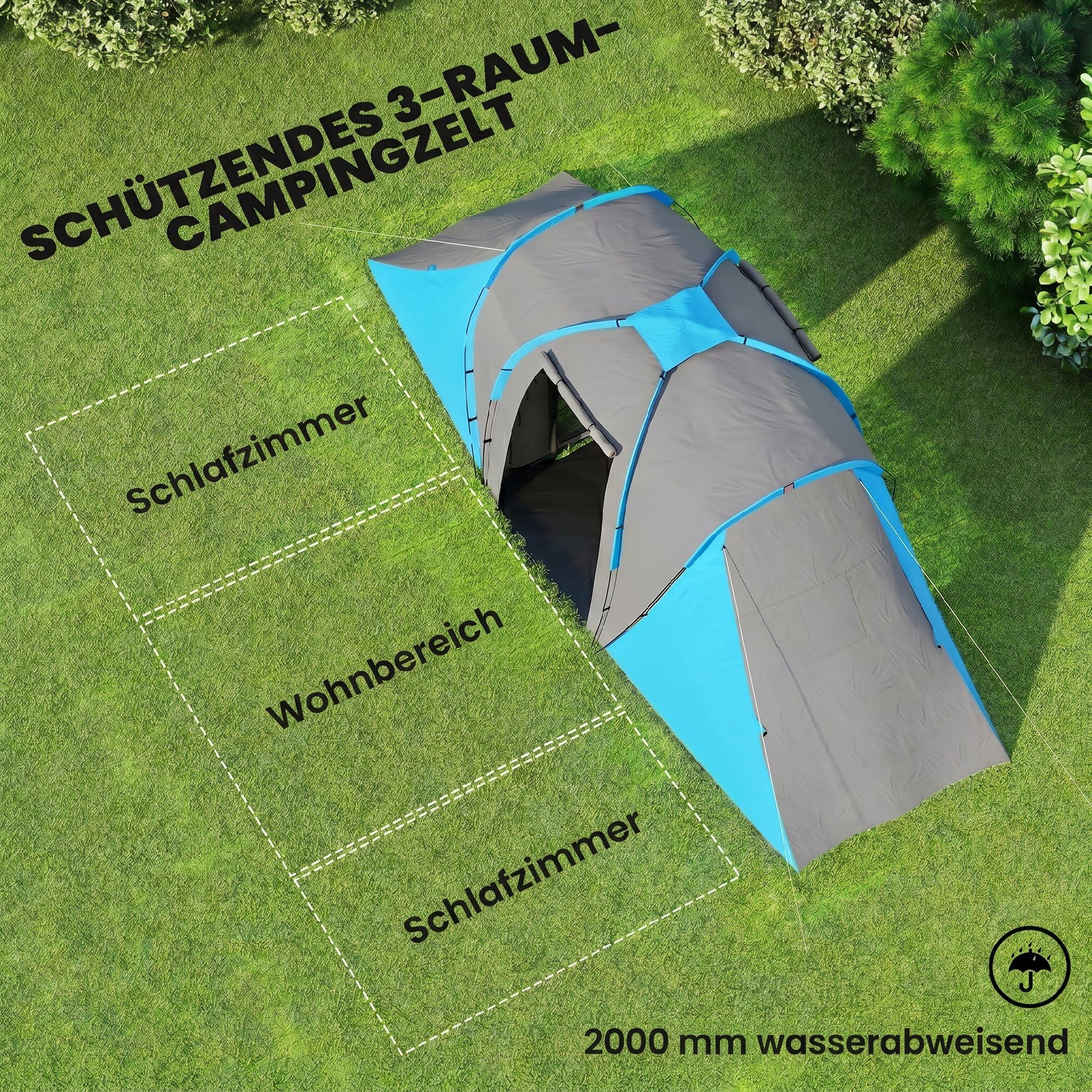 Outsunny Tunnelzelt, Campingzelt für 4 Personen, mit 2 Schlafzimmern Wohnbereich, groß Familienzelt mit Tragetasche, 2000mm Wasserabweisend Gruppenzelt, für Garten, Camping