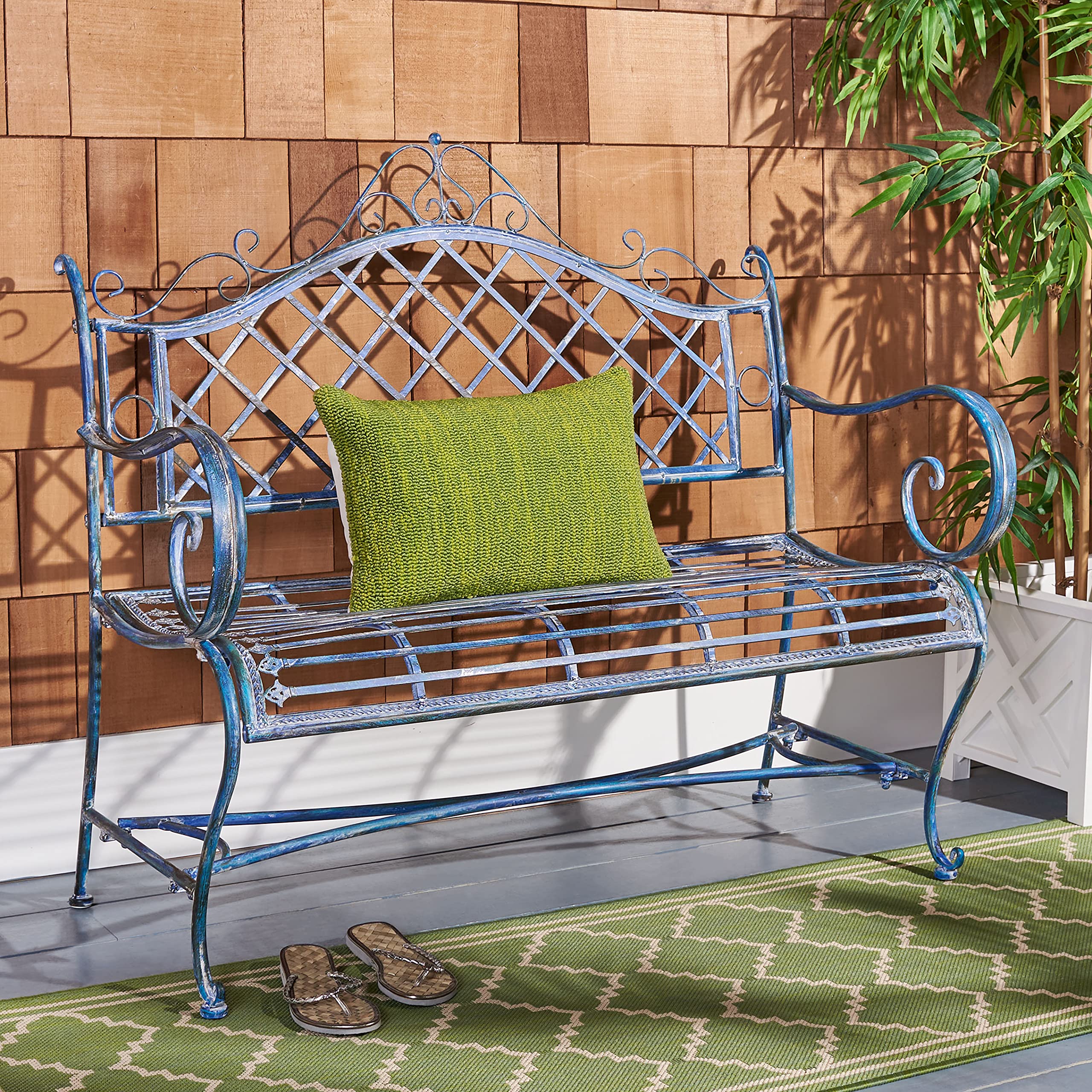 Safavieh PAT5017C Outdoor Collection Abner Antique Wrought Iron 46-inch Garden Bench, Mossy Blue