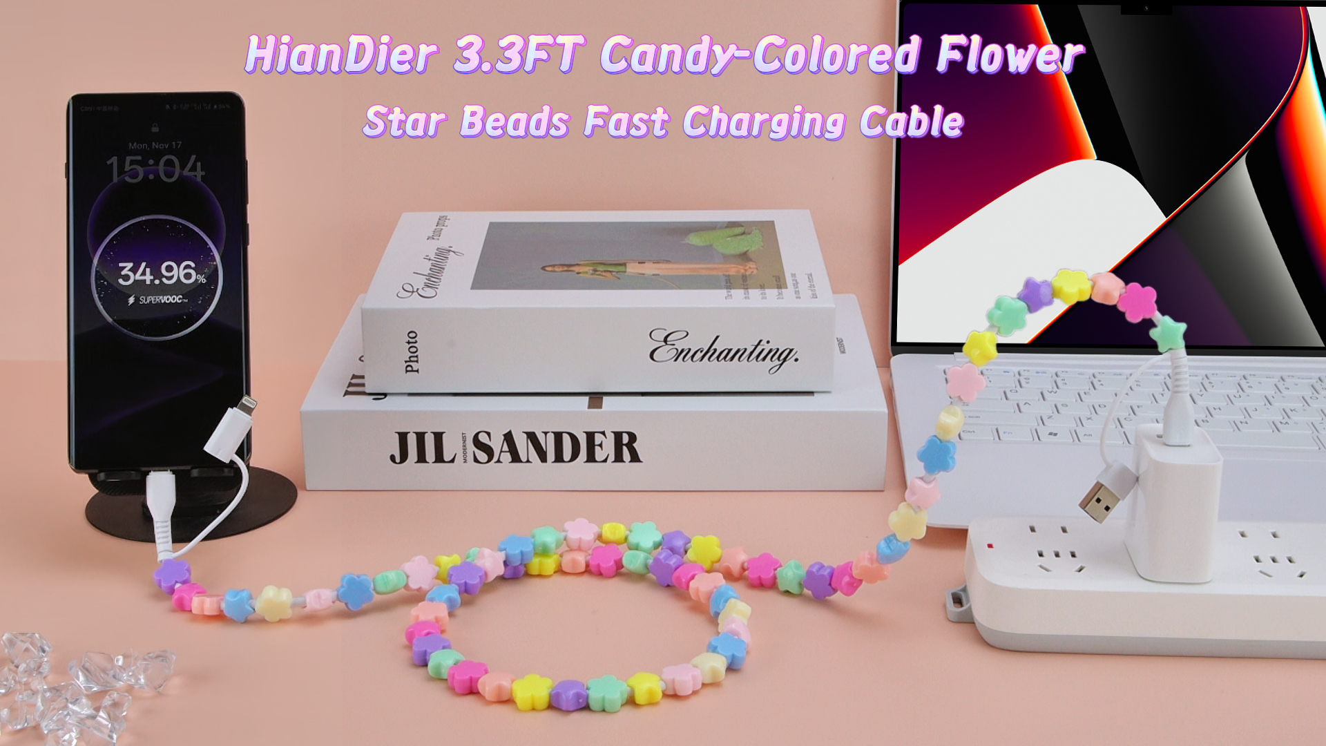 Image of HianDier USB C Cable USB to USB C Charging Cable 3.3FT Cute Flower Star Bead Fast Charger Cord for Girls Women Compatible with iPhone 16 15 Pro Max for Galaxy S25 S24-Candy Colored