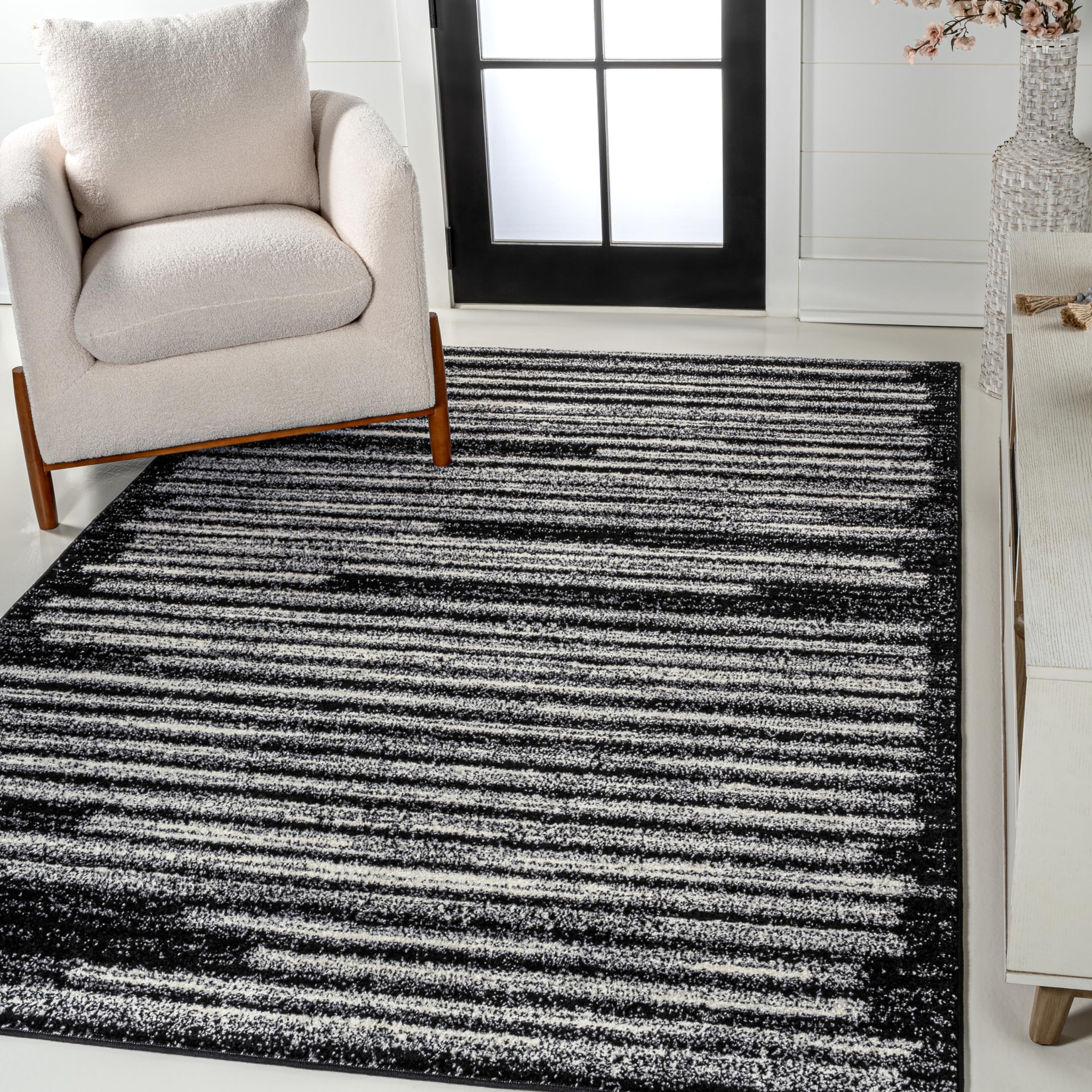 JONATHAN Y MOH207F-4 Khalil Modern Berber Stripe Area Rug, Contemporary, Bohemian, Scandinavian, Minimalistic, Rustic for Living Room, Dining Room, Bedroom, Kitchen, Black/Cream, 4 X 6