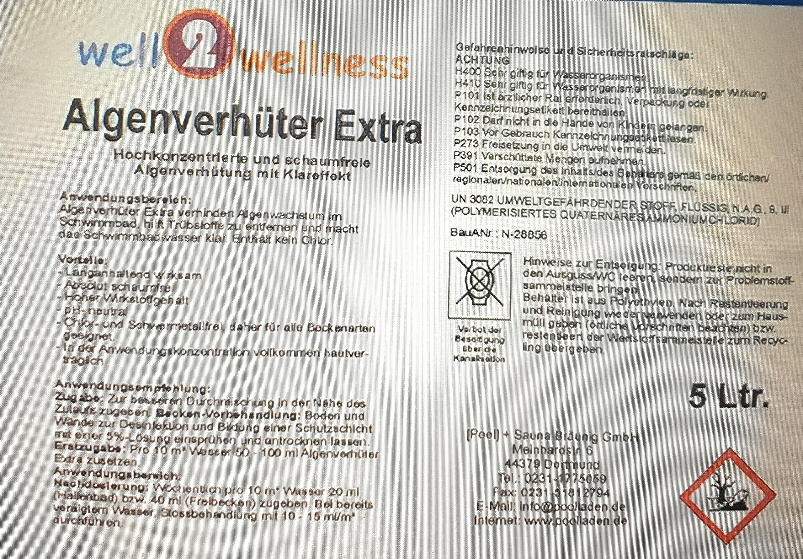 well2wellness Algenvernichter Extra 5 Liter - Hochkonzentriertes Schaumfreies Algizid - Vernichtet Alle Formen von Algen - mit Klärender Wirkung - Lang Anhaltende Formel - Frei von Schwermetallen
