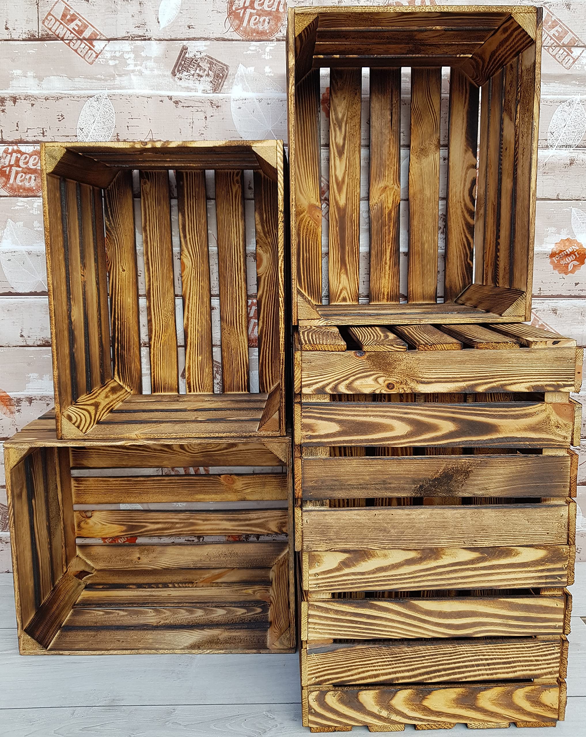 Lot de 2,3,4,6,12 caisses à fruits vintage en bois massif et solide pour décoration d'intérieur (Effet brûlé 6)