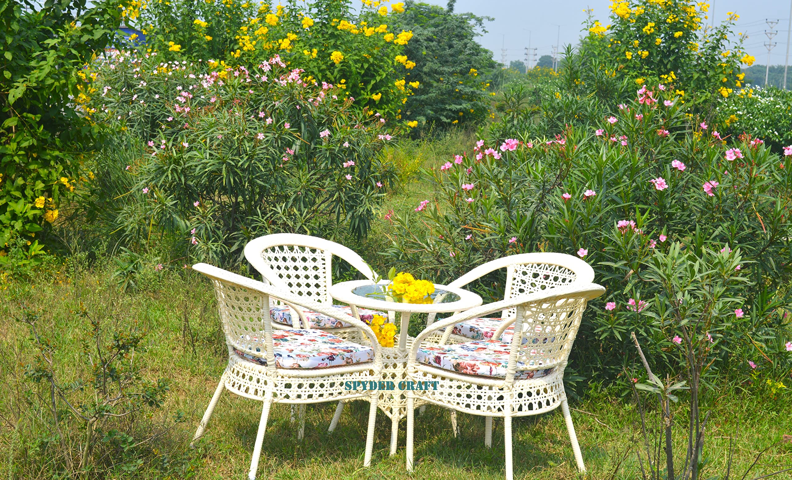 TRADE CRAFT D-8 Chairs Table Set 4+1 Wicker Patio Furniture Sets 4 Chair and 1 Table with Cushions for Garden Balcony Bedroom Powder Coated Frame Uv Protected Wicker (White) 1
