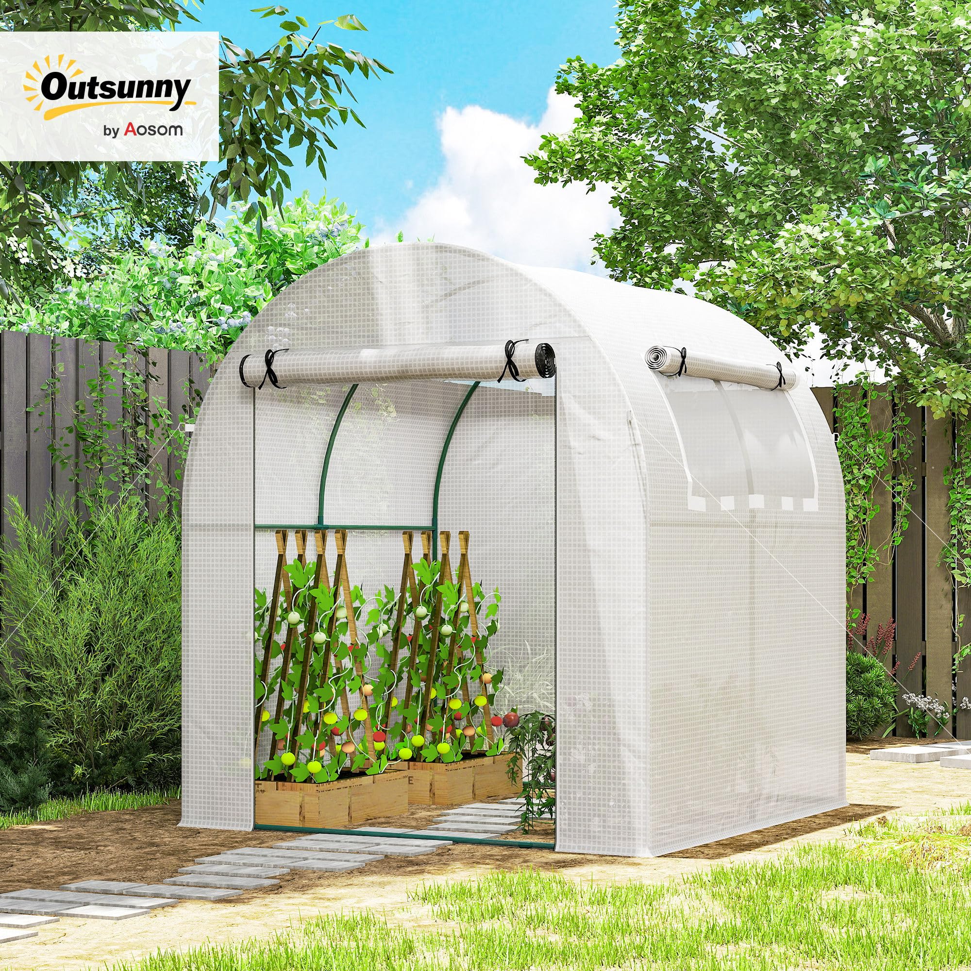 Outsunny Invernadero de Jardín 180x180x200 cm Invernadero de Túnel Pequeño con Puerta Enrollable y Ventana de Malla para Cultivar Plantas Flores Blanco