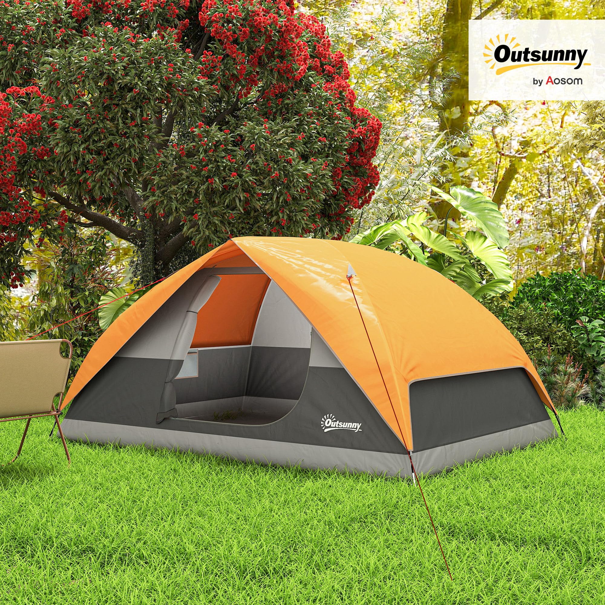 Outsunny Tienda de Campaña para 2-4 Personas Tienda de Camping Plegable con Ventana de Malla Puerta Gancho Bolsillos y Bolsa Resistente al Agua Fácil de Instalar para Senderismo Naranja y Gris