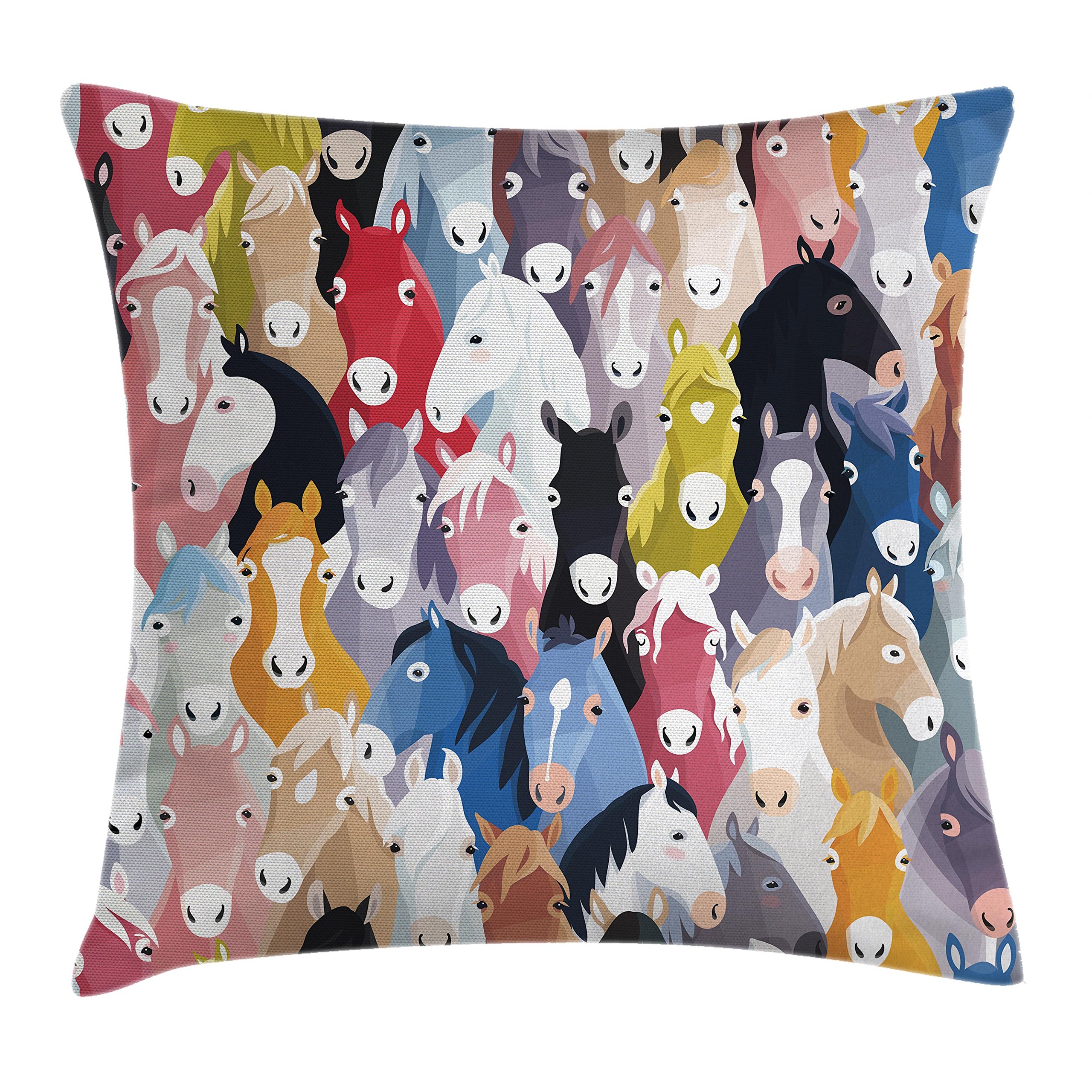 Lunarable Abstract Throw Pillow Cushion Cover, Pattern with Colorful Cartoon Style Horses Pony Childhood Theme Childish Artwork, Decorative Square Accent Pillow Case, 40