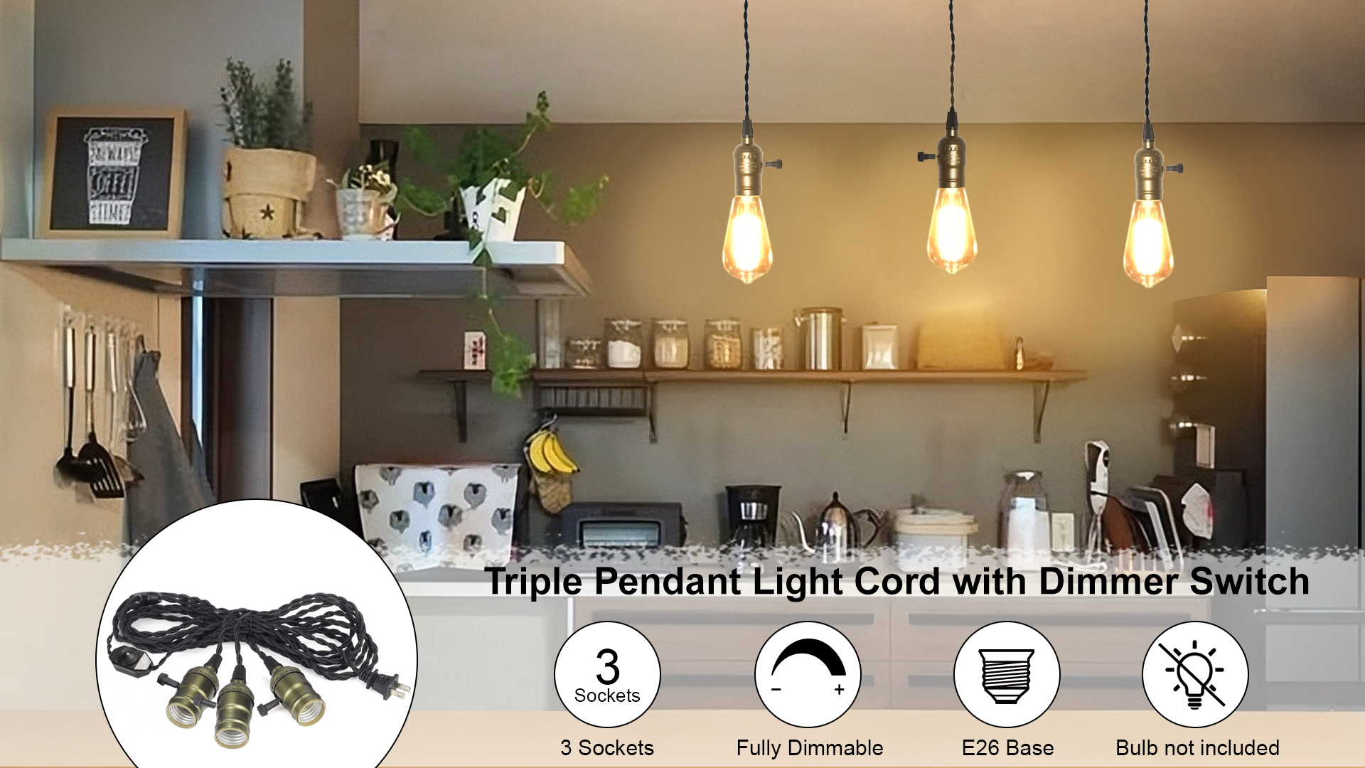Vintage Pendant Light Kit Cord with Dimming Switch and Triple E26