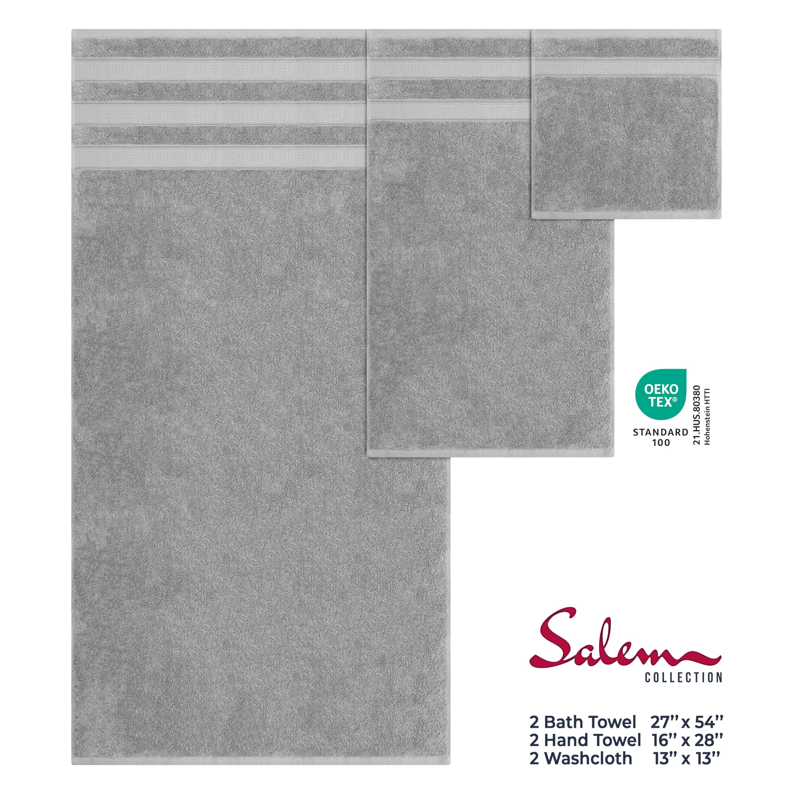 American Soft Linen Badetuch-Set, Salem Collection 100% türkische gekämmte Baumwolle, 6-teiliges Handtuch-Set, weich und saugfähig, 2 Badetücher, 2 Handtücher, 2 Waschlappen, Duschtücher, Hellgrau