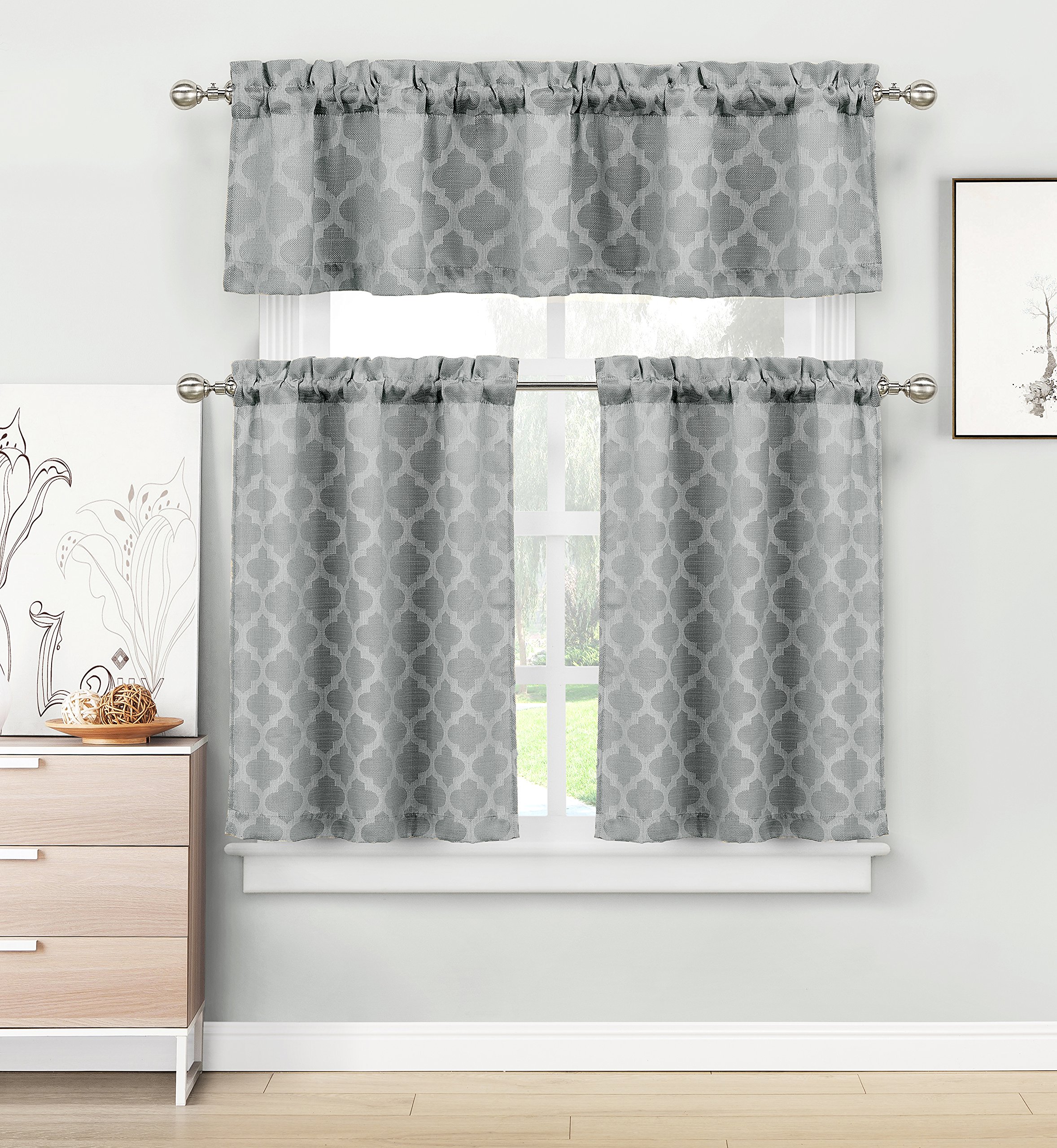 Home Maison - Longoria Geometric Linen Textured Kitchen Tier & Valance Set | Small Window Curtain for Cafe, Bath, Laundry, Bedroom - (Grey)