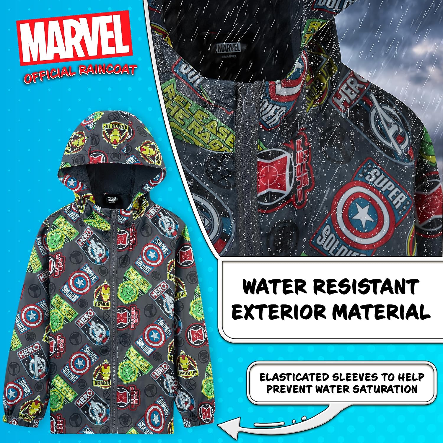 Marvel Boys Waterproof Jacket Avengers Spiderman Hooded Jacket Fleece Lining Raincoat for Boys Teenagers 4-14 Years (Grey Avengers, 11-12 Years)