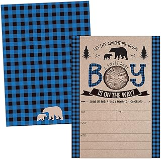 Blue Lumberjack Baby Shower Invitations, Boy Baby Shower Invitations, Mama Bear Baby Shower Invites, Woodland Baby Shower Invitations, 20 Fill in Invitations and Envelopes