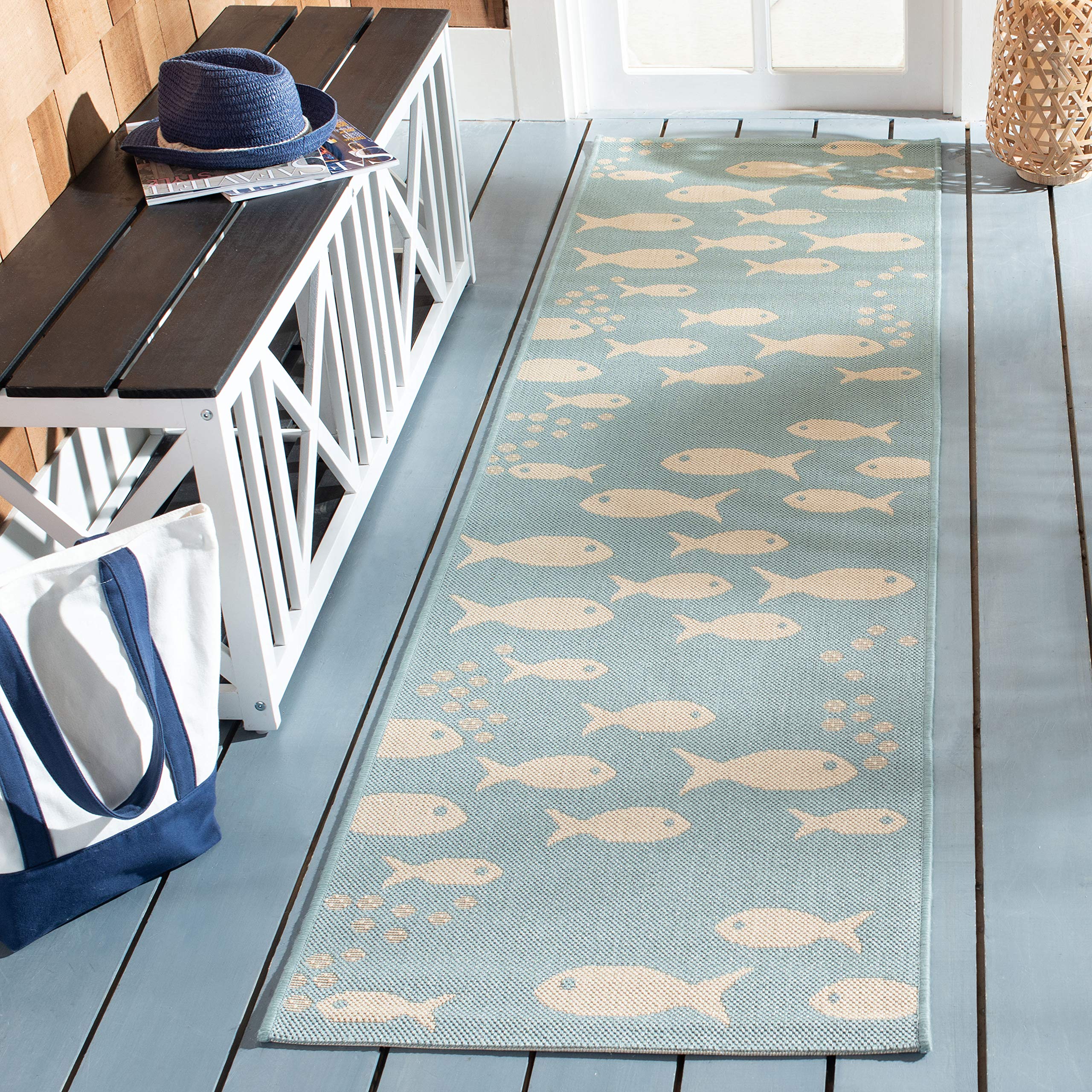 SAFAVIEH Washable Rug Outdoor Courtyard Collection - 2'3" x 14' Runner, Aqua Blue & Beige, Non-Shedding & Easy Cleaning, Ideal for Patio, Entryway,
