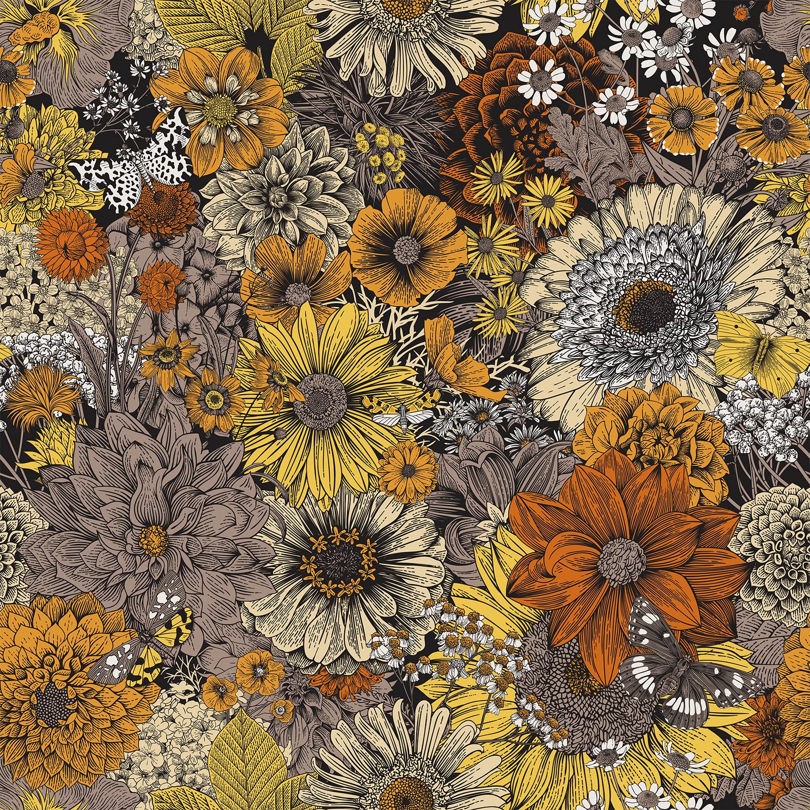 FunStick 44.5CMx9M Peel and Stick Floral Wallpaper Dark Orange Flowers Sticky Back Plastic for Furniture Yellow Wallpaper for Kitchen Bathroom Floral Vinyl Wrap for Cupboards Walls Orange Sunflowers