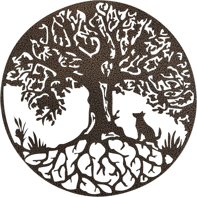 Antique copper finish Solid Steel Metal Wall Art Decoration Tree of Life with dog, beautiful gift indoor or outdoor (35cm)