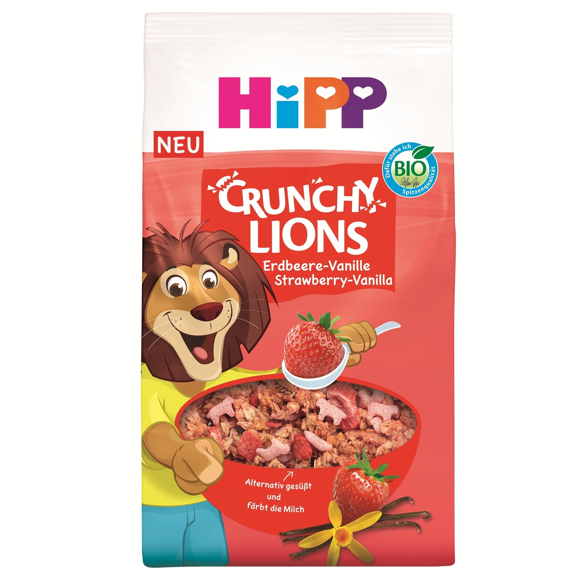 HiPP Bio Crunchy Lions Erdbeer-Vanille Müesli (5 x 300g), Kinder Frühstücksmüsli, Knuspermüsli mit gefriergetrockneten Erdbeeren und Vanilleextrakt, mit Tapiokasirup gesüßt, ab 3 Jahren
