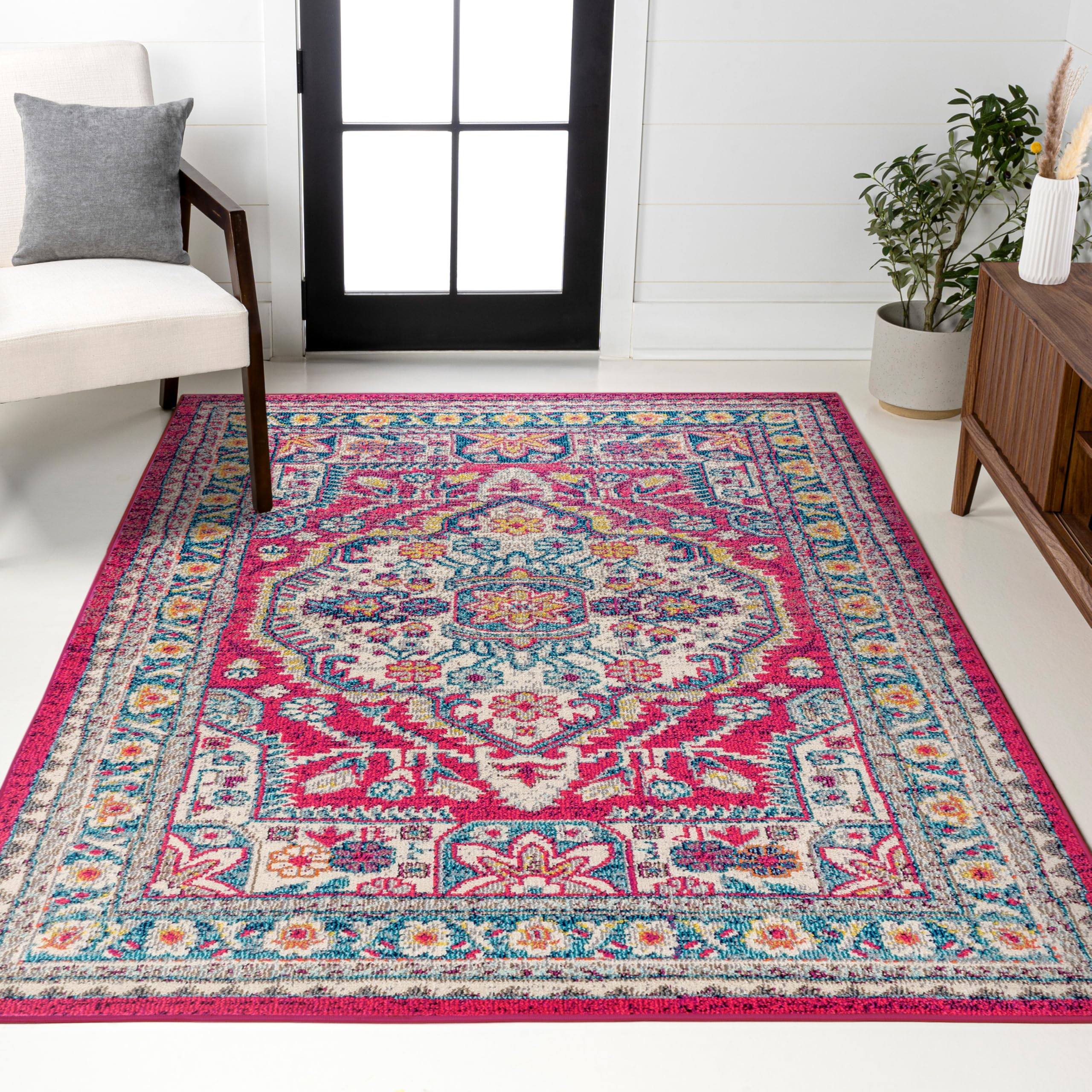 JONATHAN Y Boho Vintage Pink/Ivory Indoor Area Rug, 5x8, Bohemian Flair Chic Medallion, Floral Easy-Cleaning High Traffic, for Living Room, Bedroom, Kitchen, Non Shedding (BMF102B-5)
