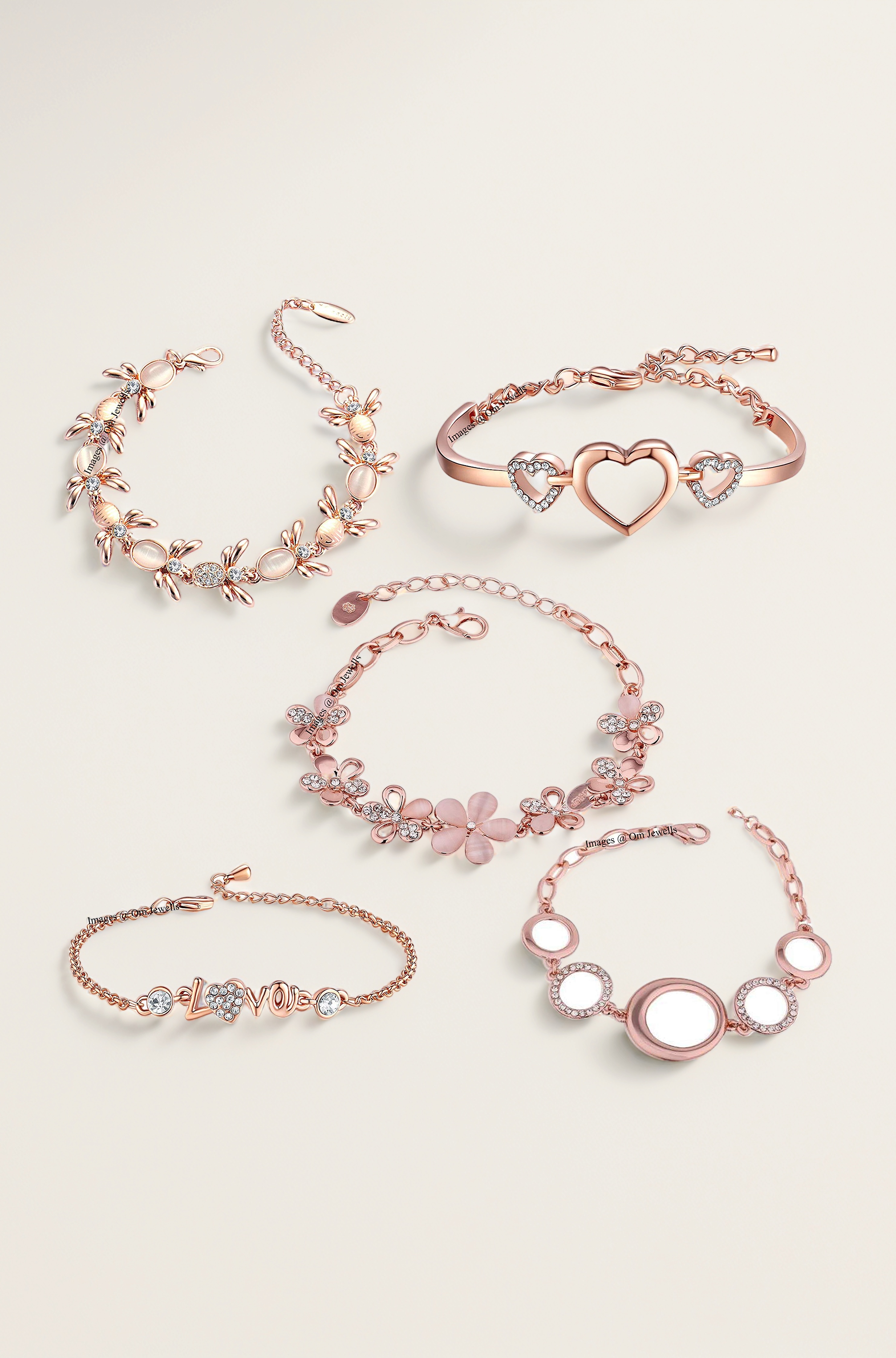 Valentine Gift Rose Gold Plated Jewellery Combo Of 5 Adjustable Chain Bangle Bracelet Emblished With White Crystal Elements Fitted for Girls & Women CO1000280 (Pink)