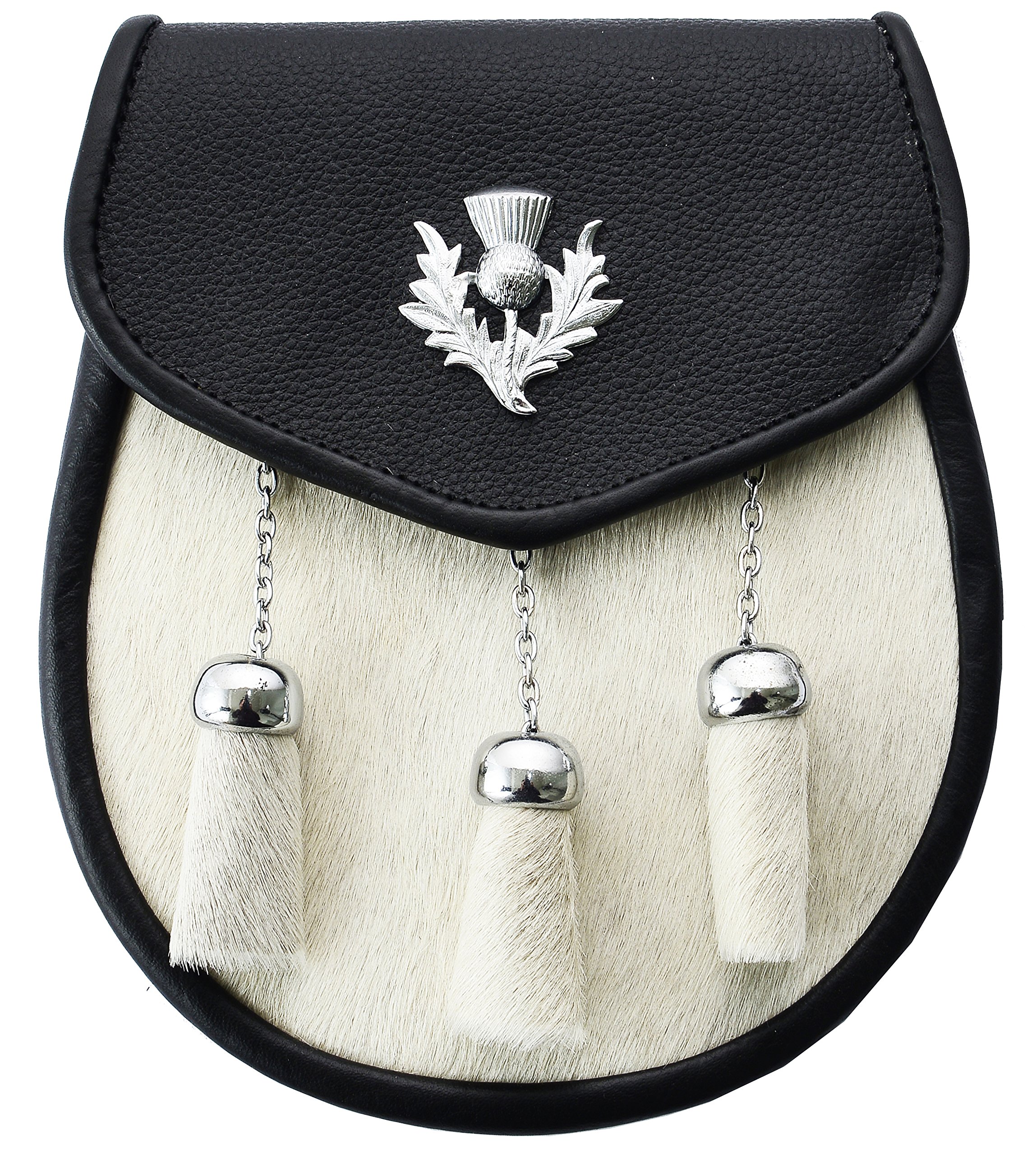 Hamilton Kilts Men's Cream White Scottish Highland Thistle Leather Sporran With 3 Tassels