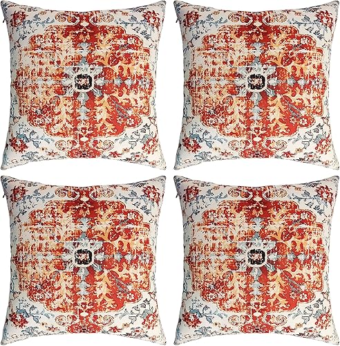 Juego de 4 fundas de almohada bohemias de 18 x 18 pulgadas, fundas de almohada de lino naranja para exteriores, fundas de almohada cuadradas con