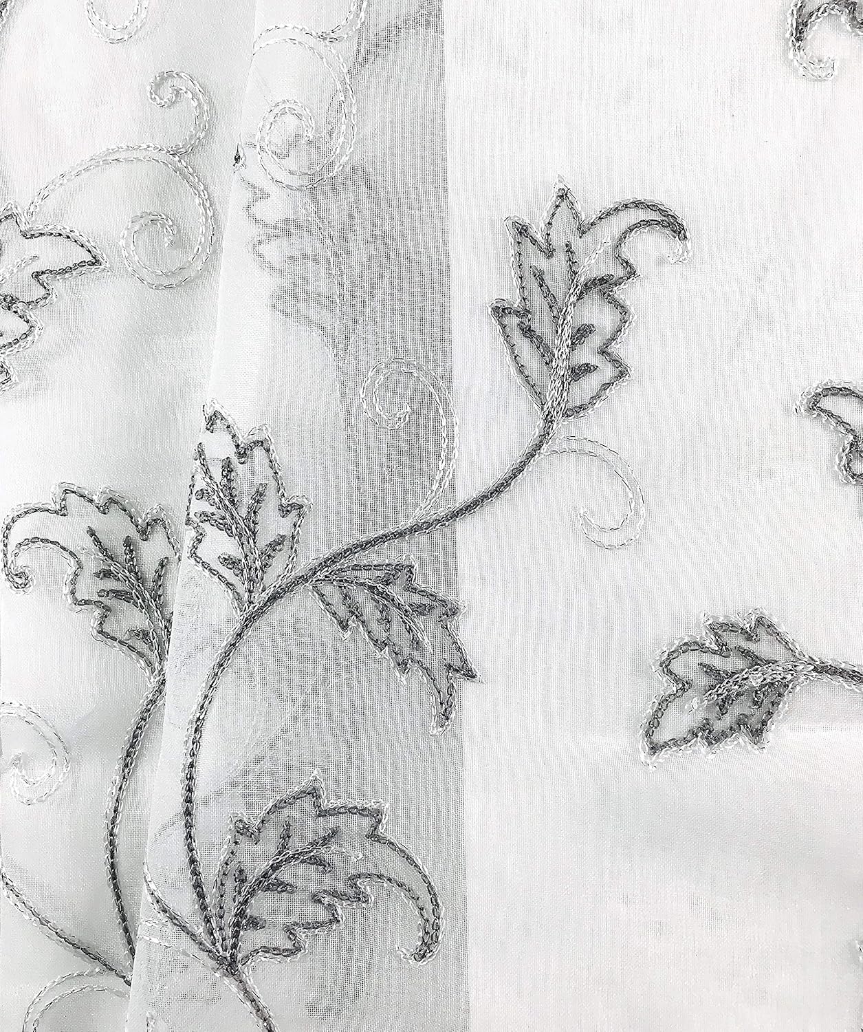 SERAFINA Decorative Sheer Fabric Shower Curtain: Two Toned Grey and White Embroidered Leaves with Metallic Threading (White/Grey) 70 x 72