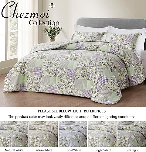 Miniatura 7 de Chezmoi Collection Daisy - Juego de edredón de retazos estampado de 3 piezas, diseño a rayas de caramelo botánico de mariposa morada, a cuadros,