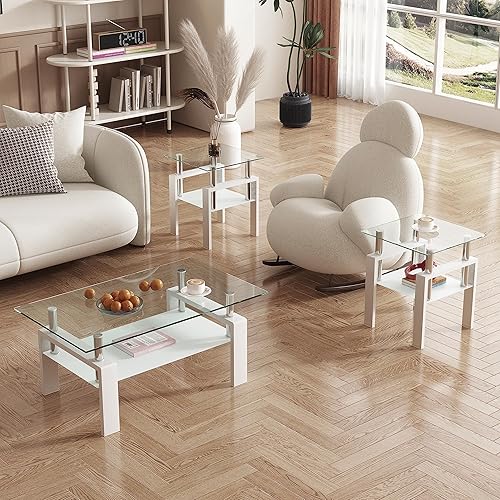 Miniatura 5 de Mesa auxiliar de cristal para sala de estar, mesa de cóctel Mordern blanca de 2 capas para sofá con almacenamiento rectangular de vidrio templado,