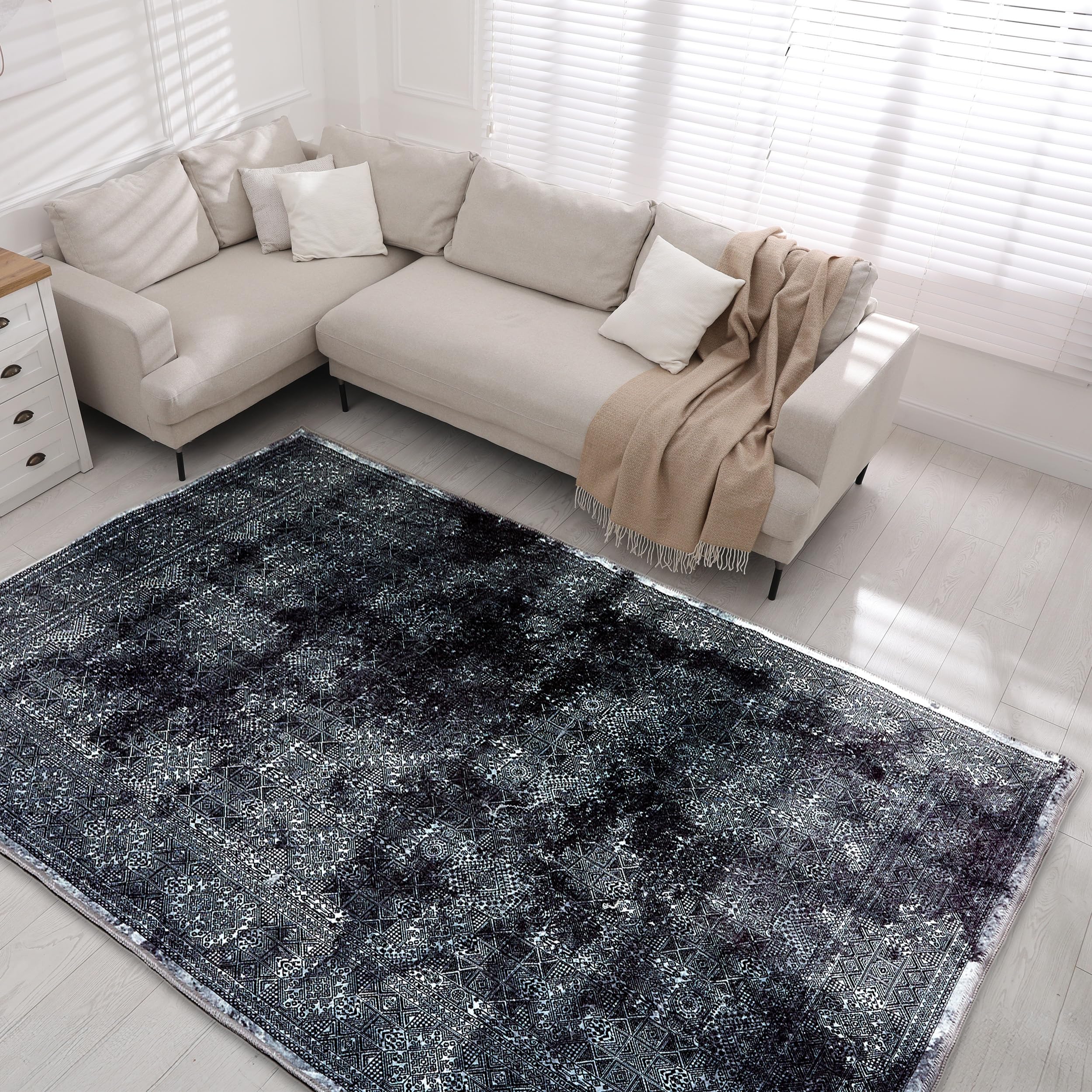 orientalny dywan do salonu, sypialni, miękki płaski materiał, do wnętrz, puszysty dywan z krótkim włosiem, antracytowy, 120 x 180 cm