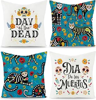 WATINC 4Pcs Day of The Dead Pillow Cover, Throw Pillow Cover Sugar Skull Cat Decorative Linen Square Cushion Cases, Theme Party Home Decorations for Sofa Couch Bed Car 18 x 18 Inch