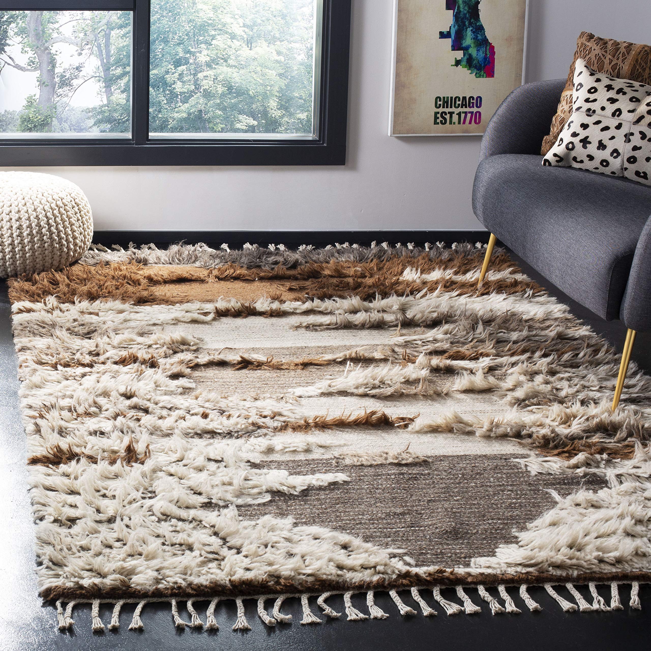 SafaviehKenya Collection Accent Rug - 3' x 5', Grey & Brown, Hand-Knotted Tribal Tassel Wool, Ideal for High Traffic Areas in Entryway, Living Room, Bedroom (KNY225A)