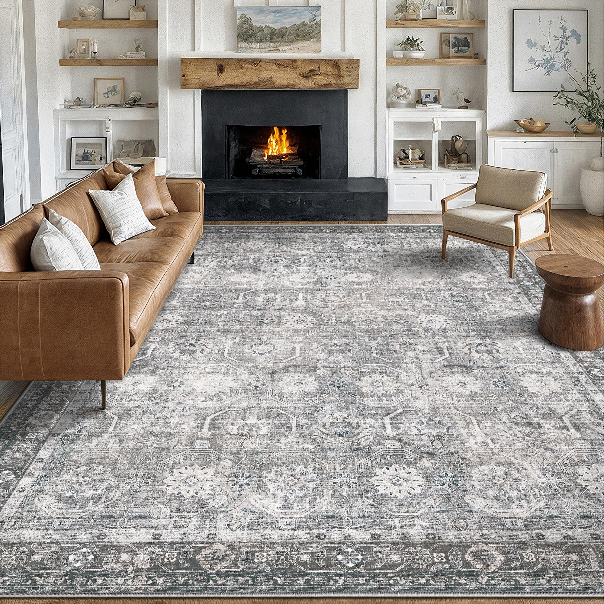 Woodbruy Large Area Rug 10x14, Soft Non Slip Low Pile Washable Rug, Boho Modern Area Rug for Living Room, Bedroom, Dining Room, Distressed Grey