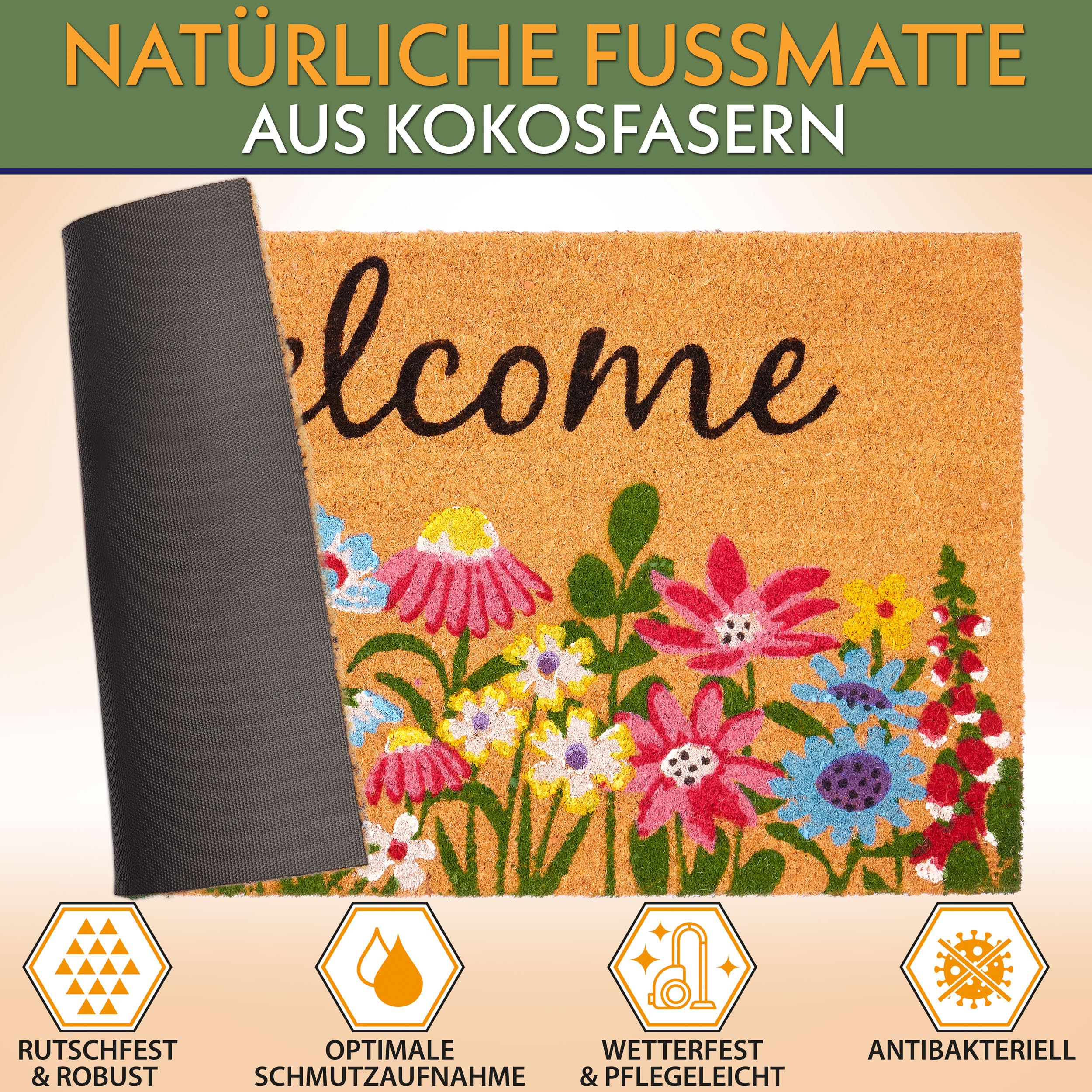 BRUBAKER Fußmatte für Außen und Innen - Welcome Blumenwiese - 45 x 75 cm Blumen Schmutzfangmatte aus Kokos - Antirutsch Fußabtreter Wetterfest und rutschfest - Türmatte - Braun Bunt