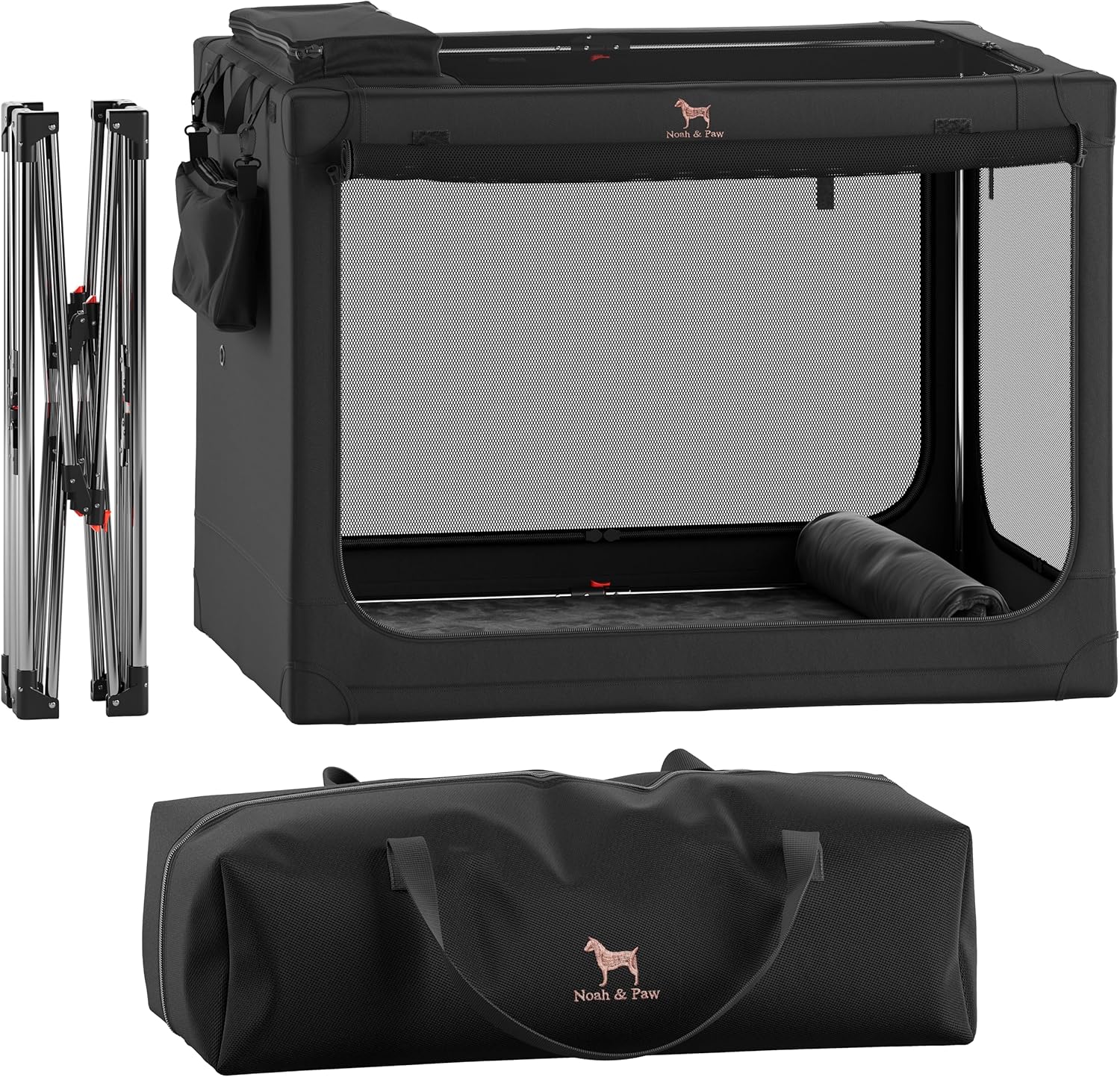 Noah & Paw Collapsible Dog Crate 30 Inches, Large Dog Crate for Large Medium Breeds, Travel Kennel for Car, Including Pet Mat for Pet Cage, 2 Storage Pockets, Handbag, 10mm Locking Zipper 30*21*21 Black L