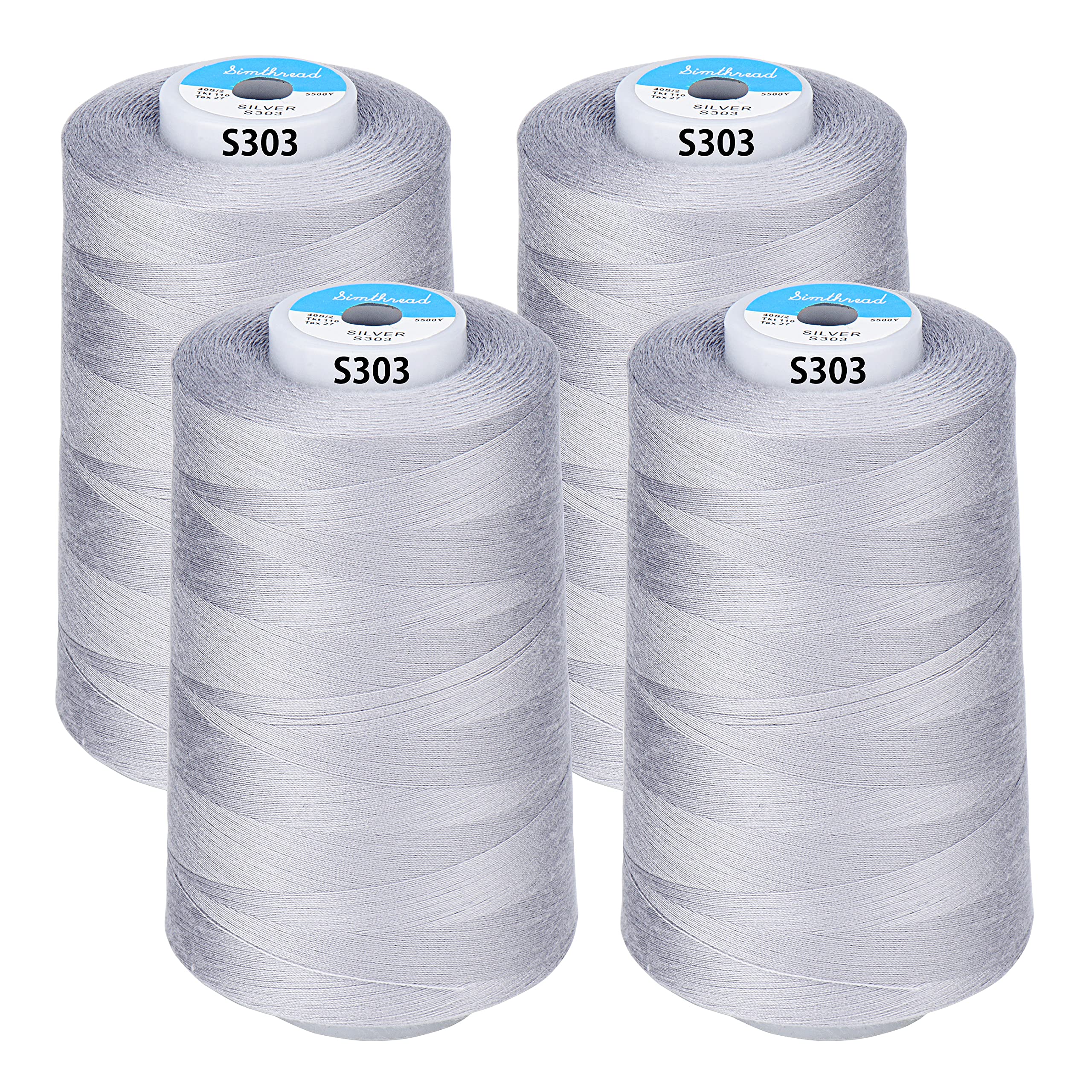 Simthread All Purpose Sewing Thread from 100% Spun Polyester for Serger, Overlock, Merrow, Quilting Sewing 4 Big Cones of 5000M (5500 Yards) Each - 40S/2 SilverOEKO-TEX STANDARD 100
