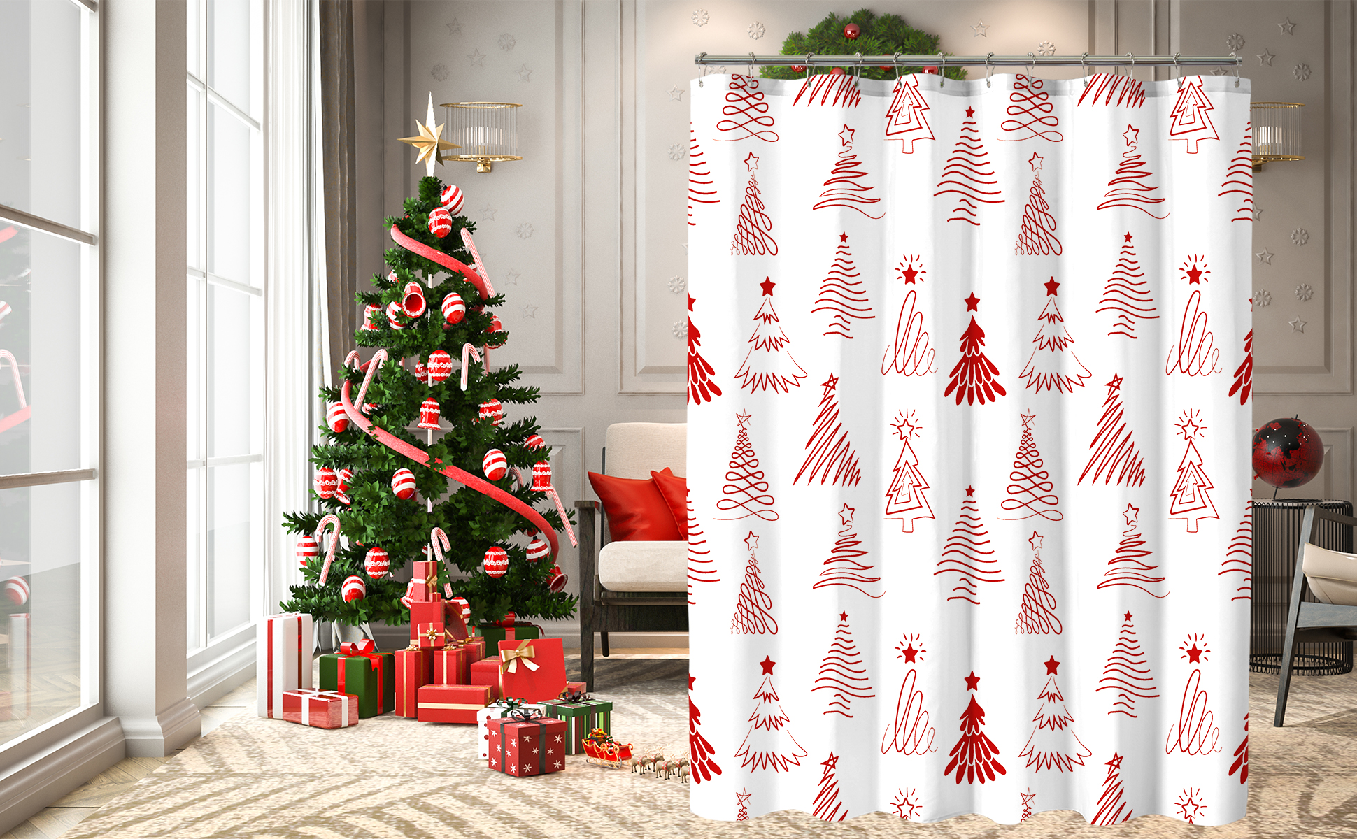 COSEVIER Christmas Shower Curtain 72x72 Inch - Red & White Pine Tree Holiday Bathroom Decor - View #9