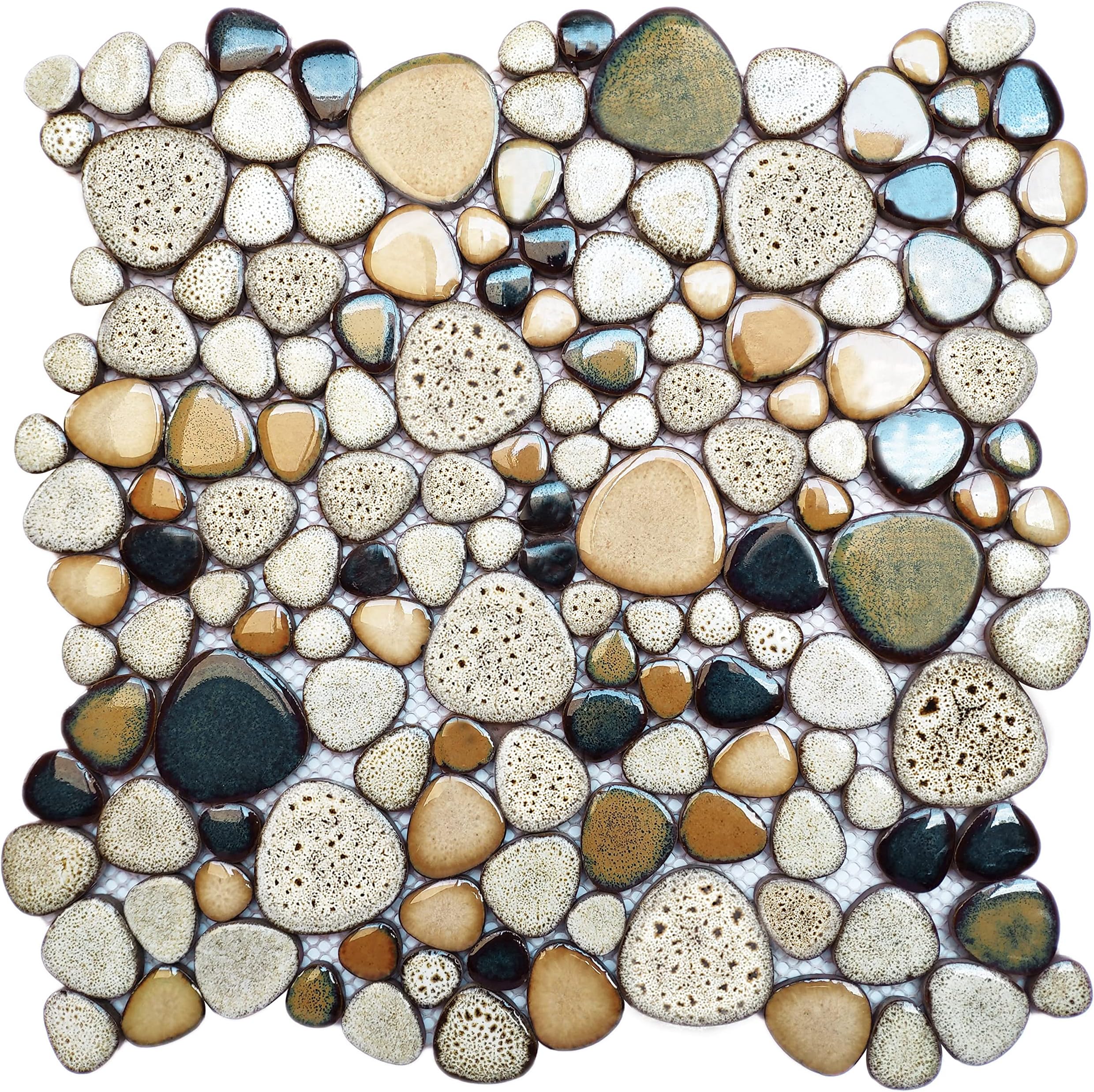 Leopard Random Pebble Ceramic Tile Tan Sand Colors 12'' x 12'' Mosaic Sheet for Accent Wall Backsplash Shower Floor PT87 (Box of 5 Sheets)