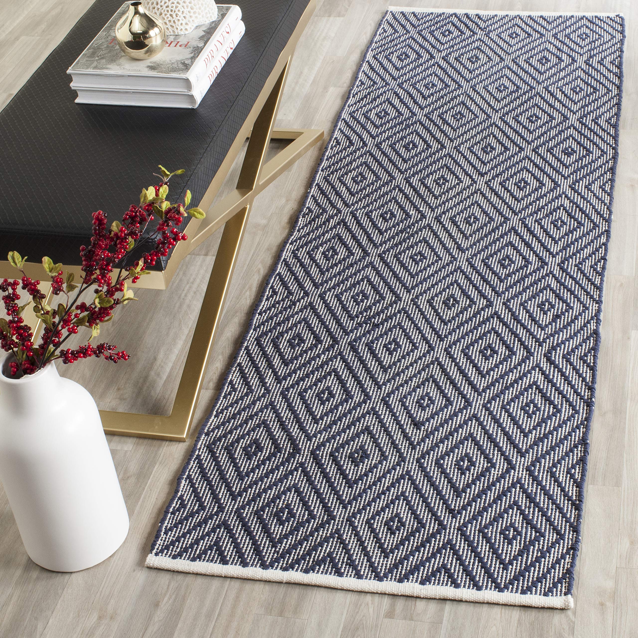 SAFAVIEH Montauk Collection Runner Rug - 2'3" x 7', Navy & Ivory, Handmade Trellis Cotton, Ideal for High Traffic Areas in Living Room, Bedroom (