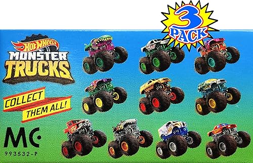 Miniatura 3 de Hot Wheels Monster Trucks Mini Mystery Trucks con lanzador de llaves (serie surtida), caja ciega de regalo, paquete de 3 unidades