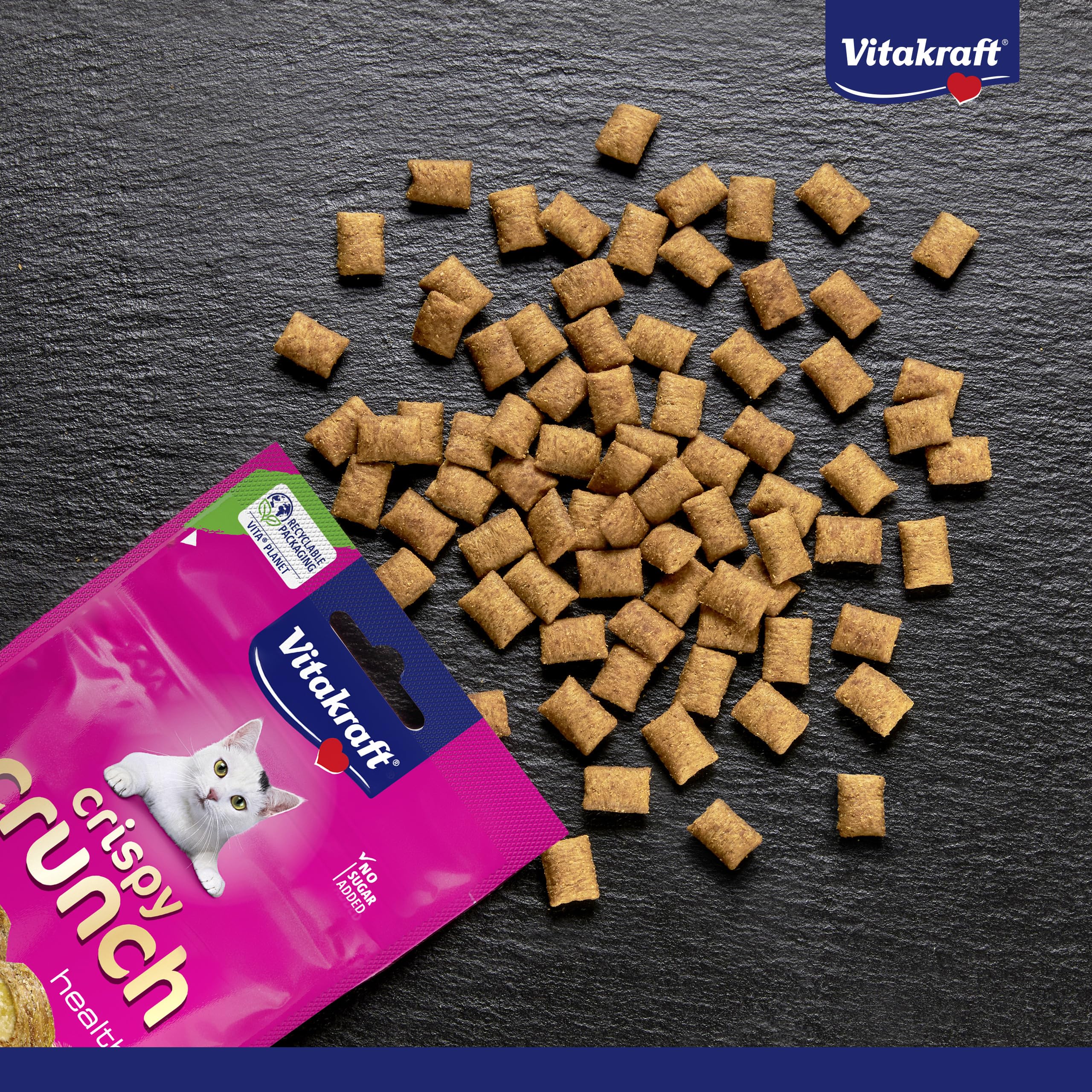 Vitakraft Crispy Crunch Classic, golosinas para Gatos, crujiente Snack para Gatos Relleno de Malta, en Bolsa resellable, sin azúcar añadido (1x 60g)