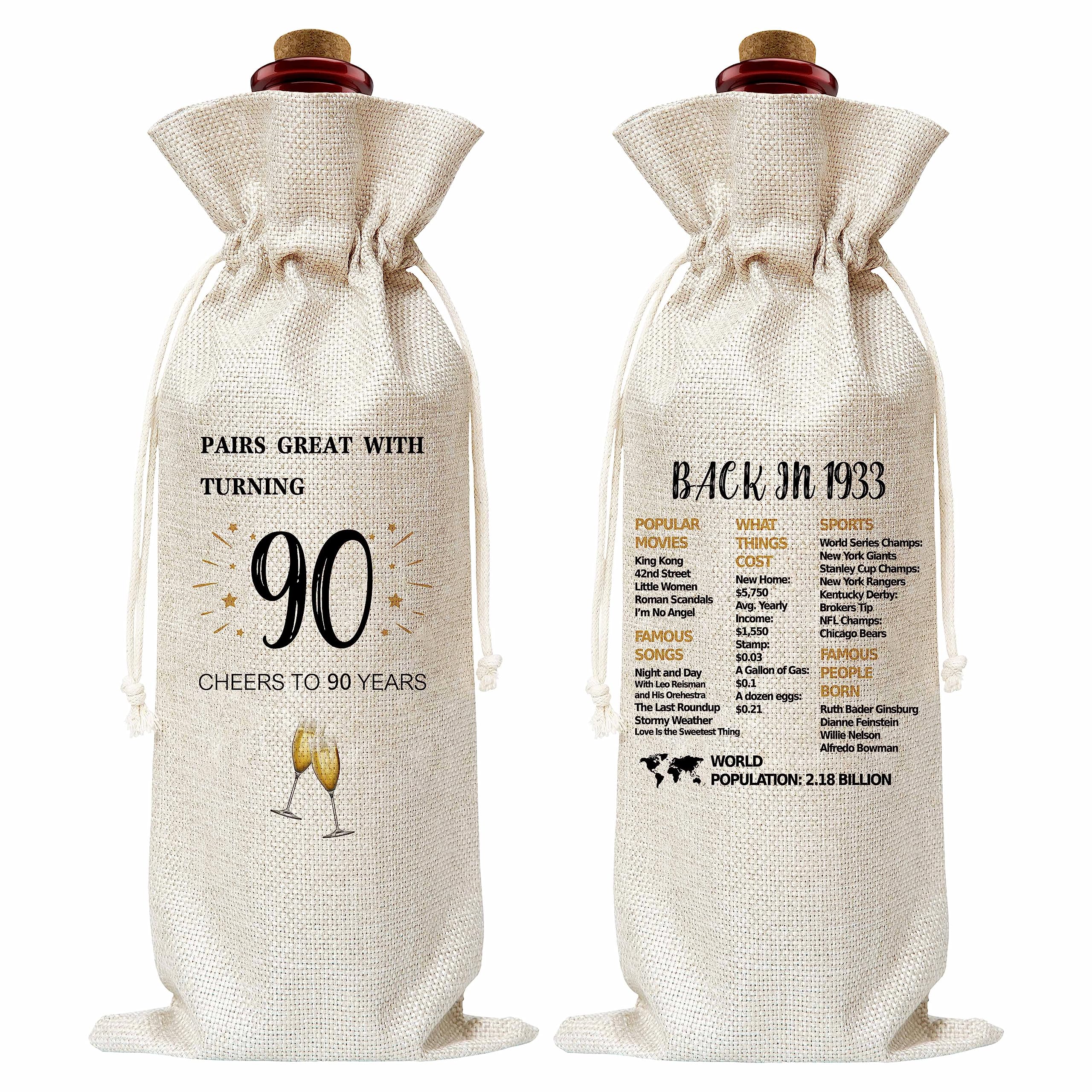 90th Birthday Wine Gift Bag, Cotton Burlap Wine Bags, 1933 Wine Bottle Cover Bag Birthday Gifts for Women, Men, Friends, Co-workers, Teachers, Grandpa, Grandma(01)