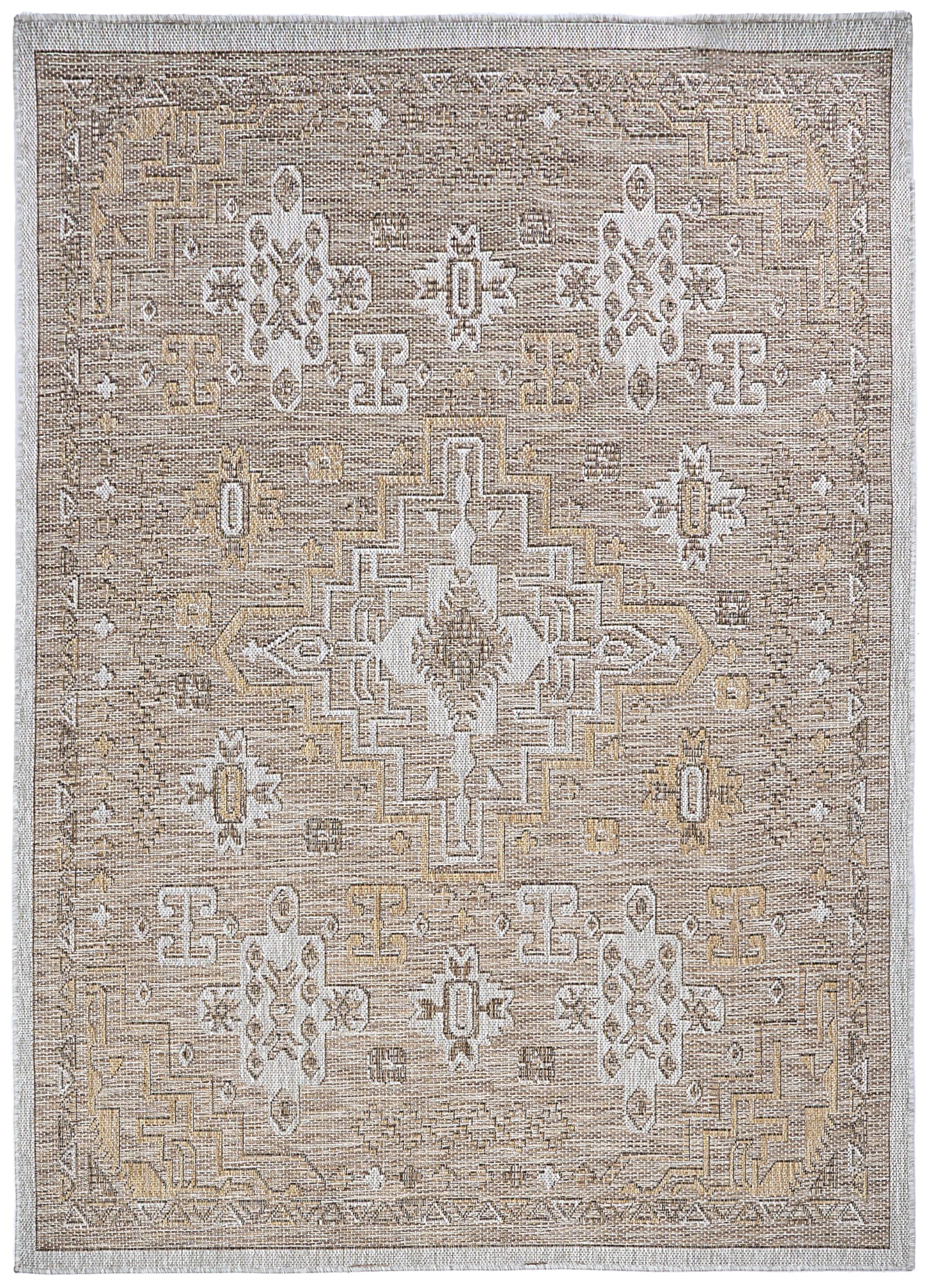 TAPISO Yucana Alfombra Exterior Tejido Plano Robusta Resistente UV Impermeable Interior Exterior Balcón Terraza Jardín Cocina Marrón Beige Marco Ornamental Oriental Moderna 160 x 230 cm