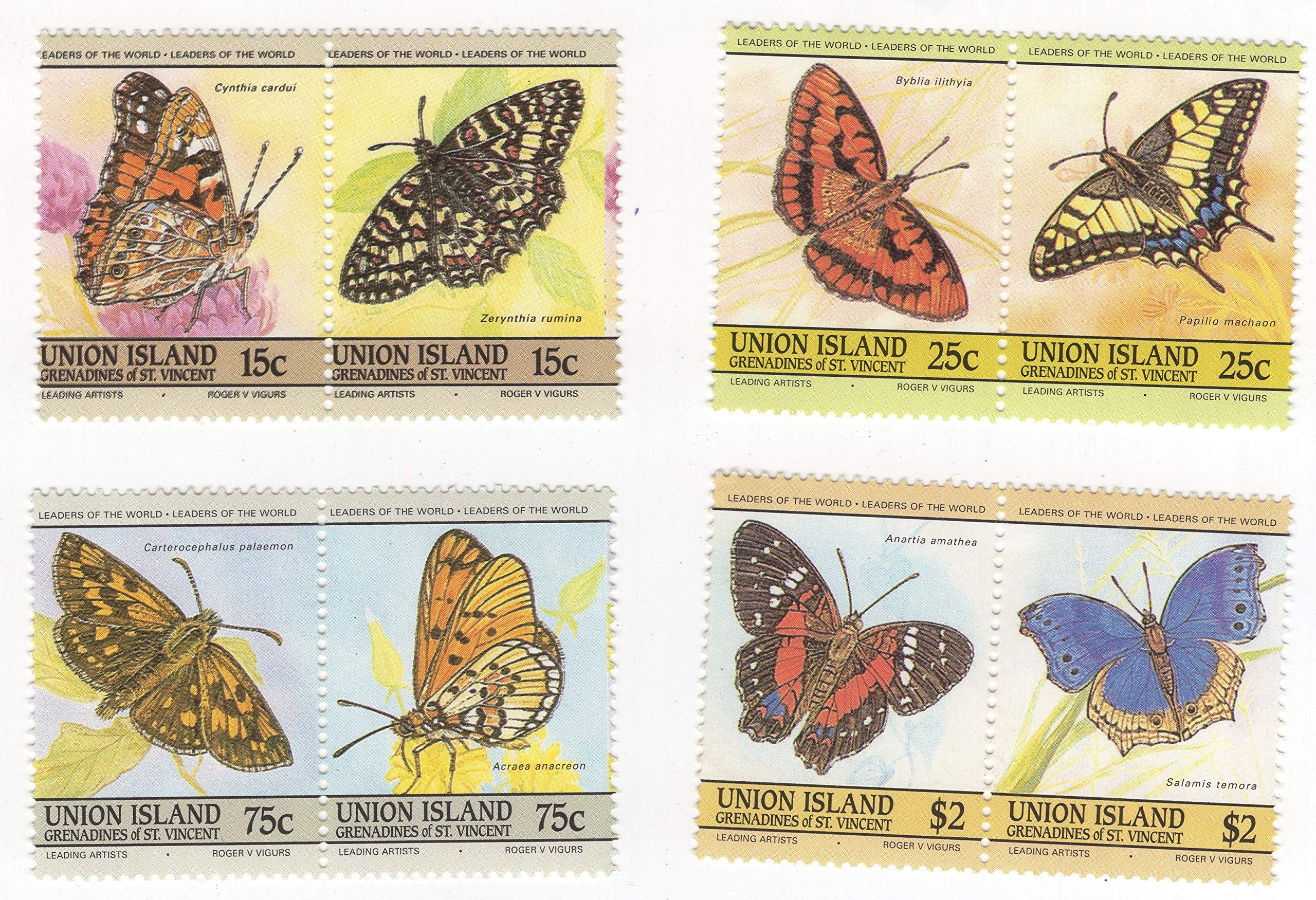 Mahaphilla ~ Union Island Leaders of The World Butterfly 4 Diff Pair MNH/ Unused Stamps ~ Multi Color