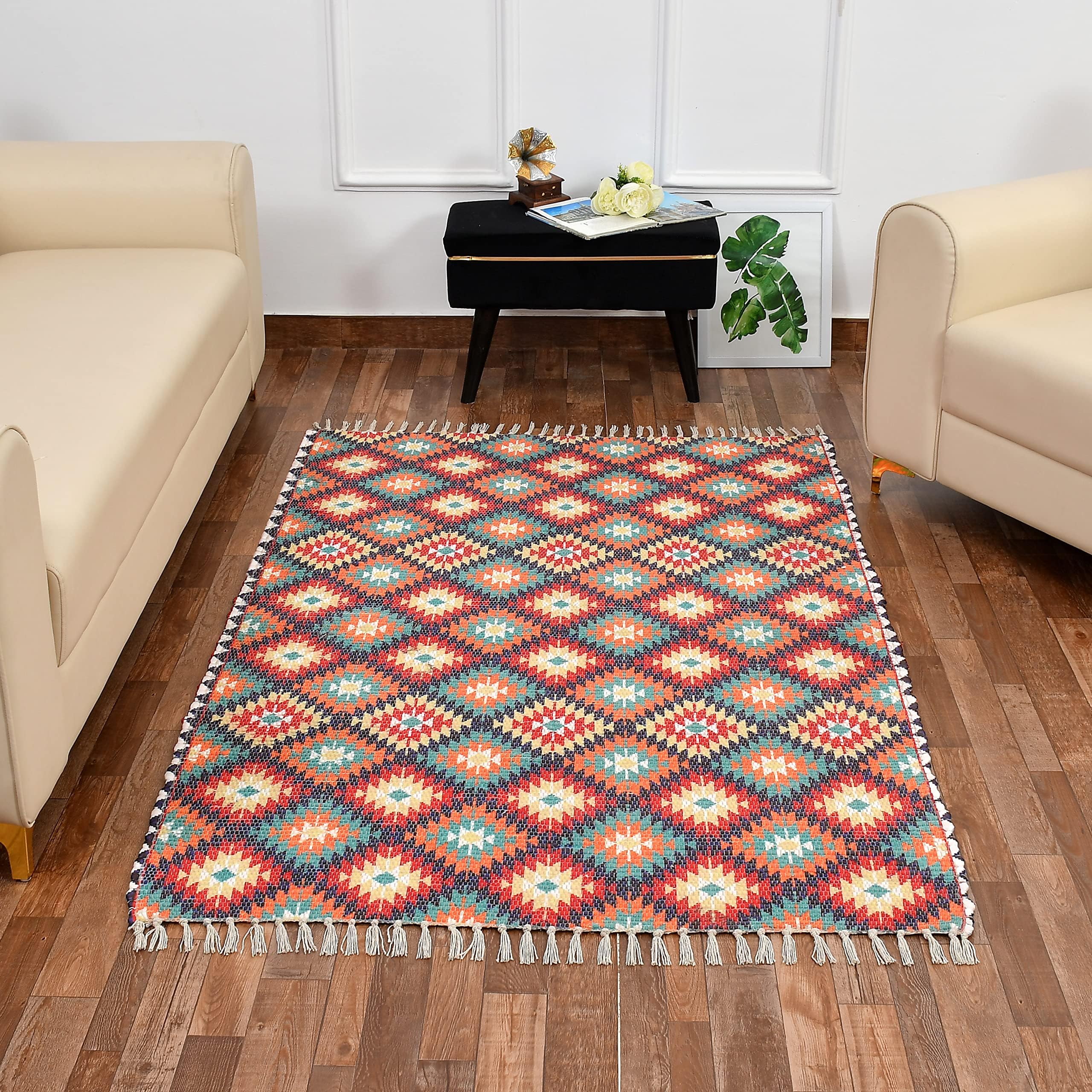 HOMADORN Handmade Sustainable Printed Modern Dhurrie/Rugs/Carpet upcycled from Scrap Fabric for Living Room/Bedside Runner for Enhanced Decor (3x5 feet)