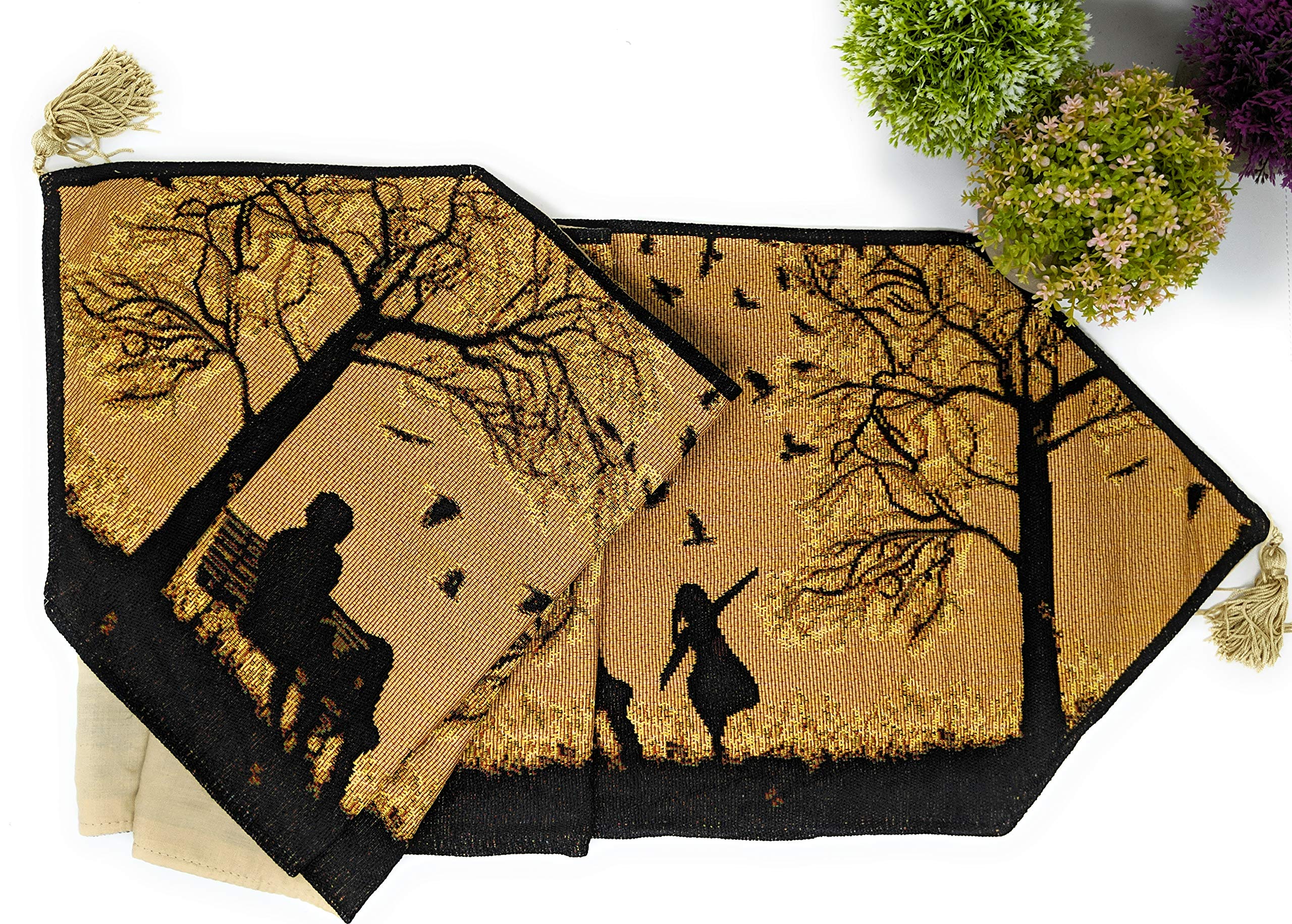 DaDa Bedding Autumn Birds Rustic Dining Table Runner - Tapestry Woven Family Blessing Gathering Together - Orange Tan Black Decorative Cotton Linen Woven Kitchen Fall Table Decor Mats - 13" x 54"