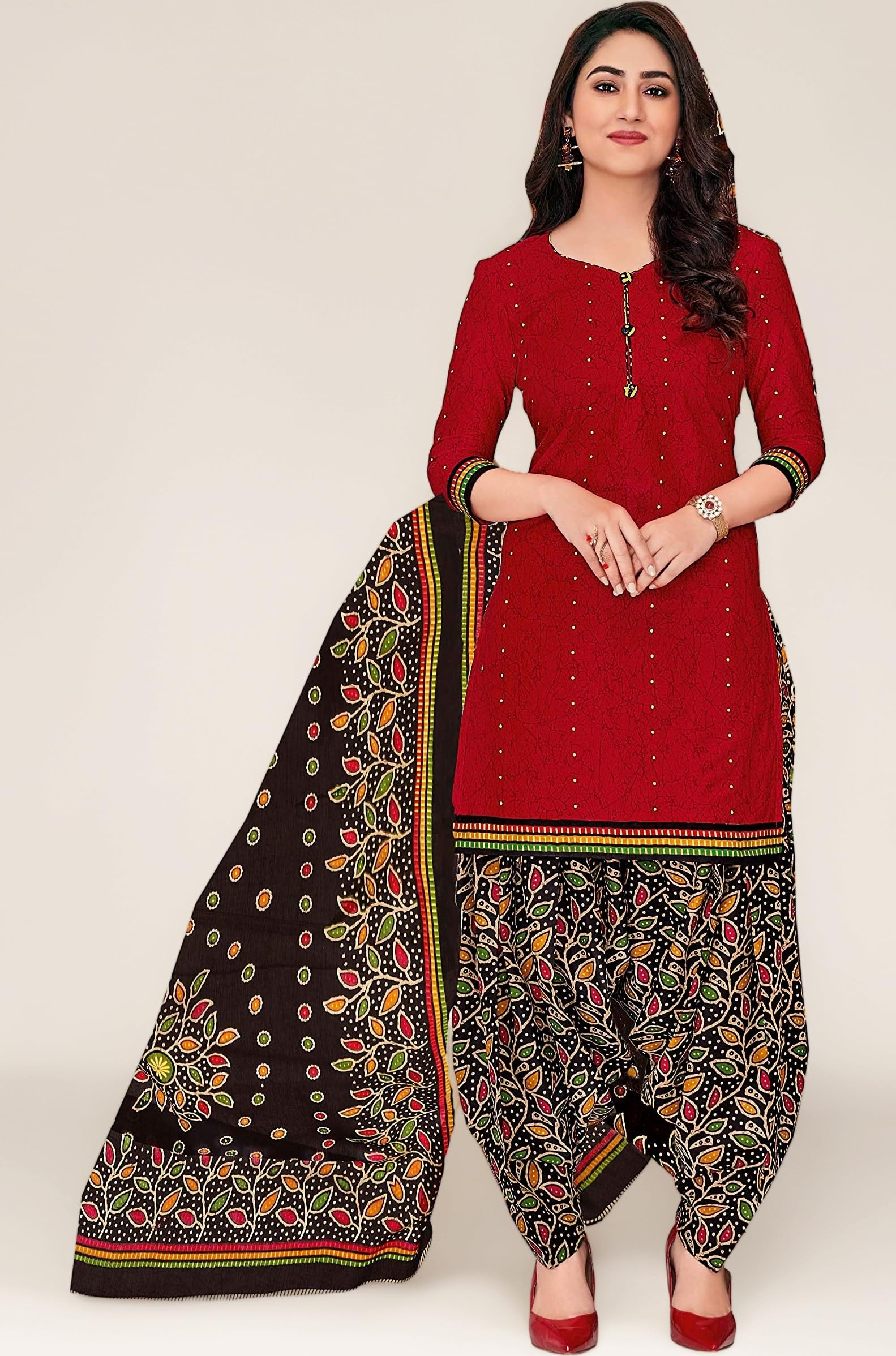 Cotton Printed Readymade Salwar Suit For Women(MIRAANSGPRI405, Red)